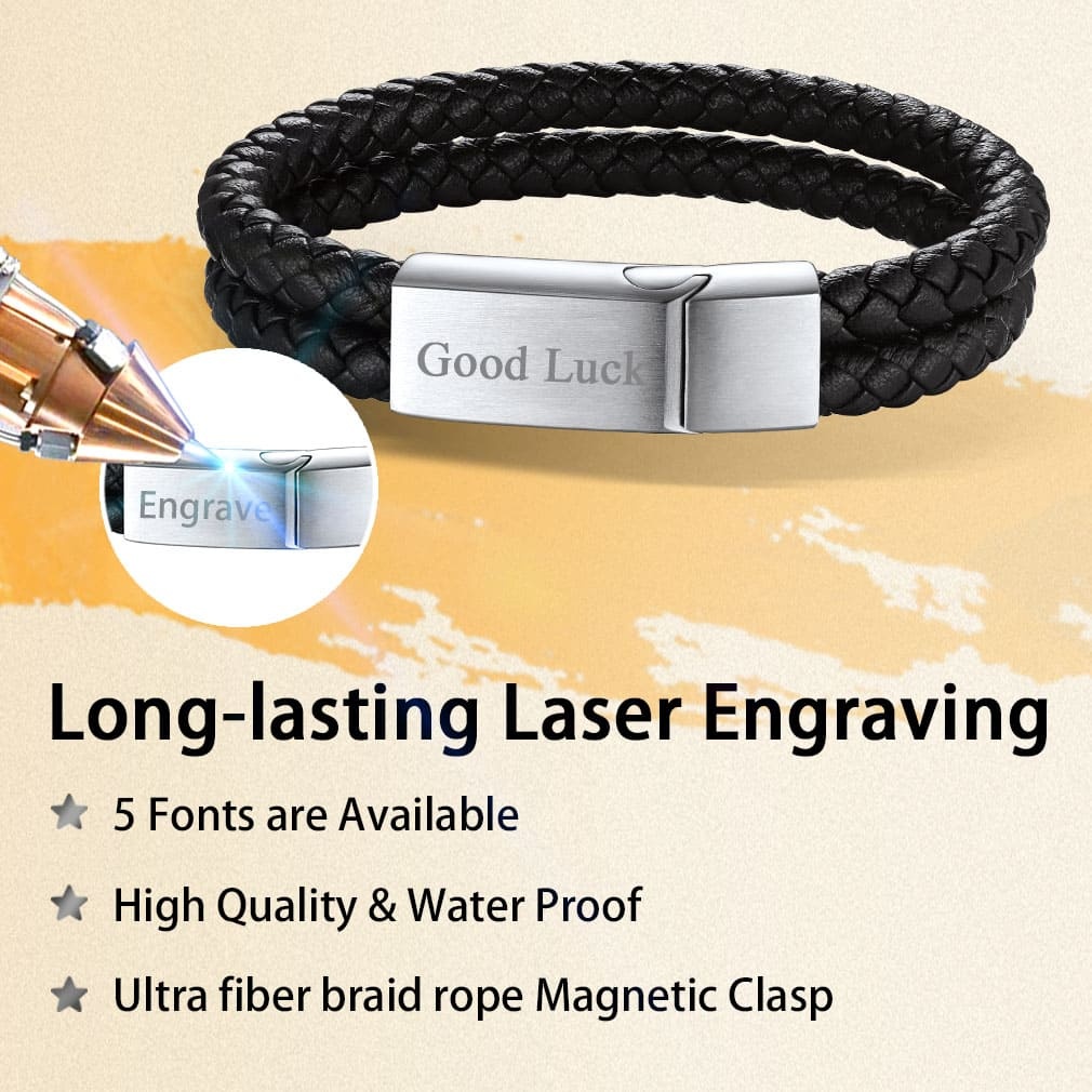 Engraved Double Braided Leather Bracelet detail