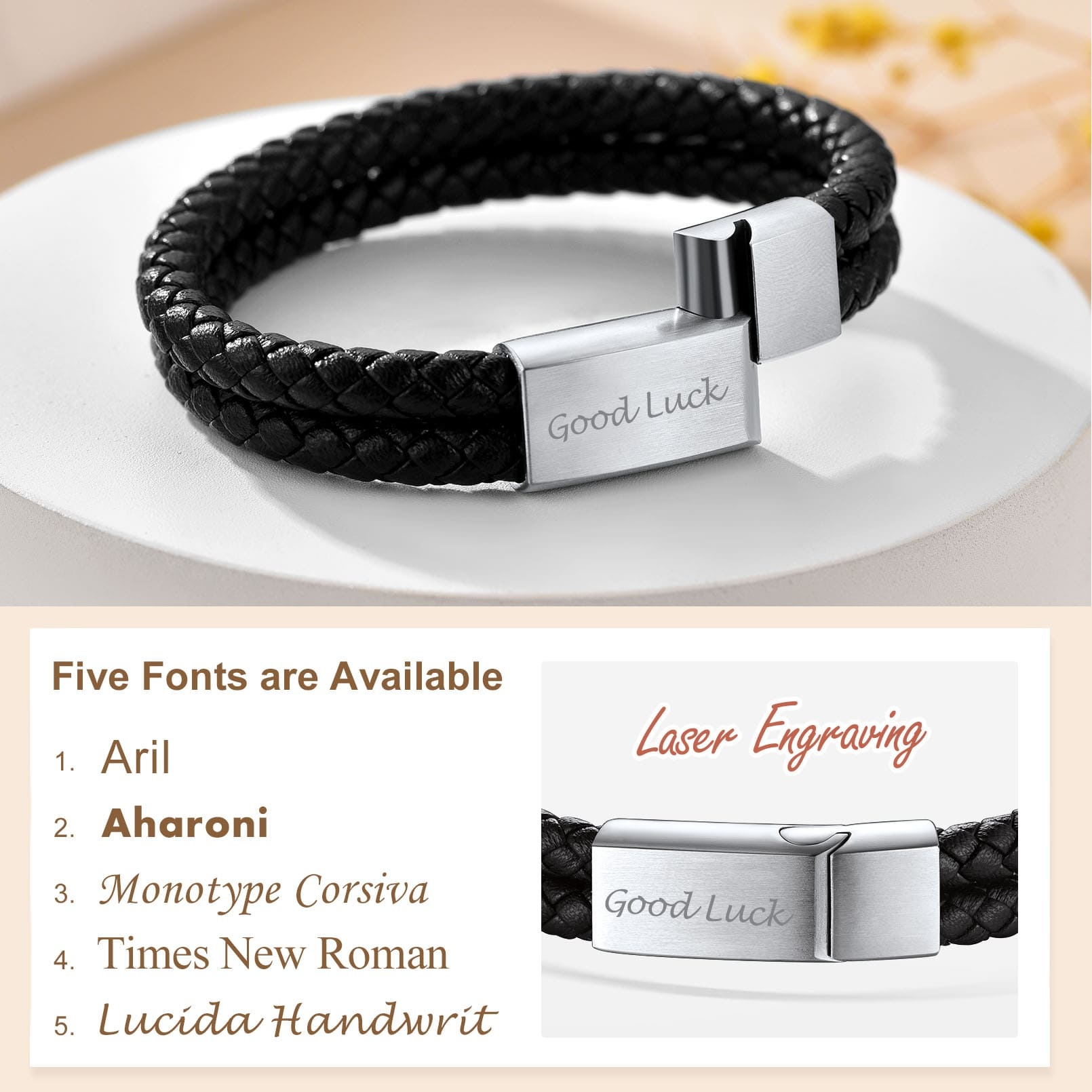 Custom Engraved Double Braided Leather Bracelet 