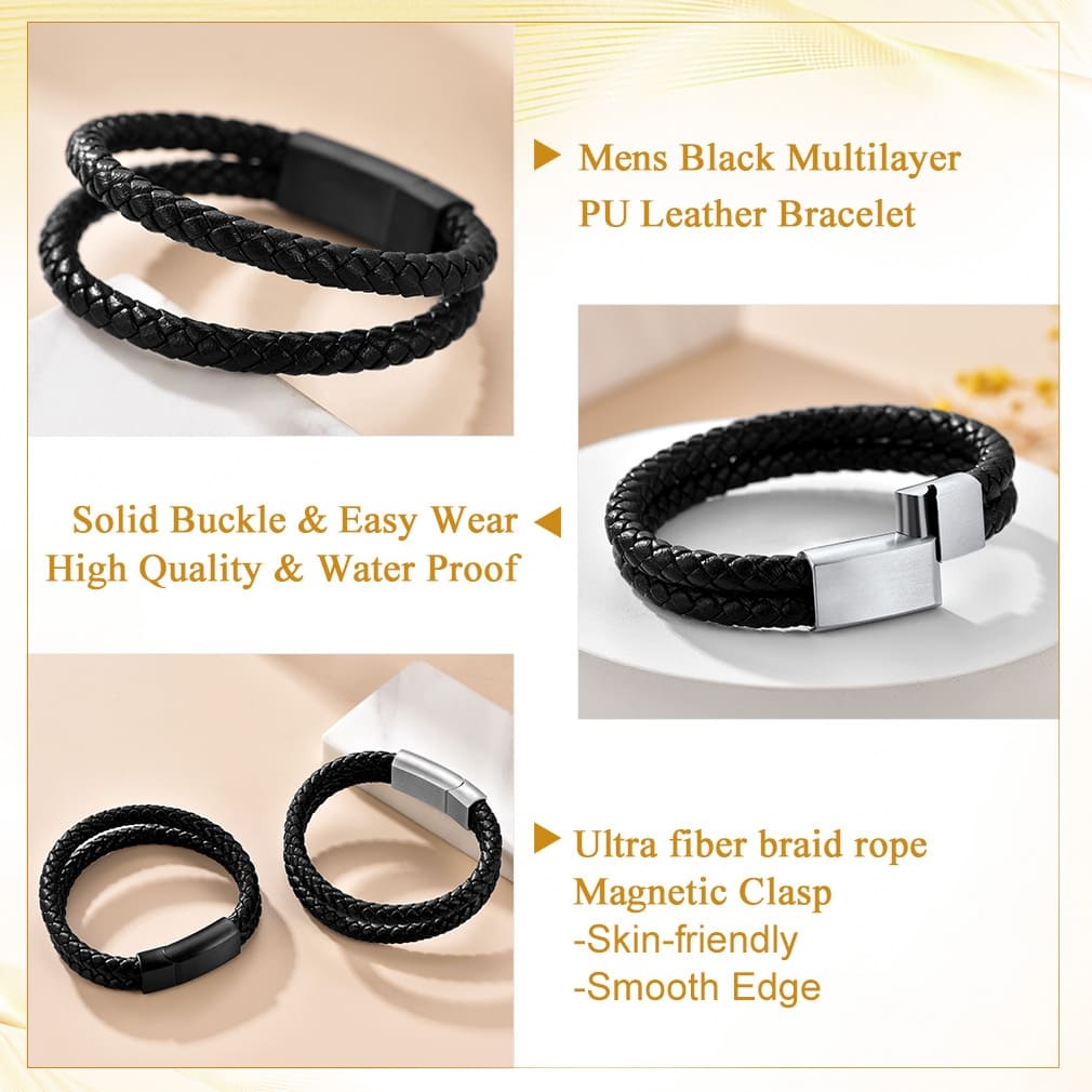 Custom Engraved Double Braided Leather Bracelet for Men detail
