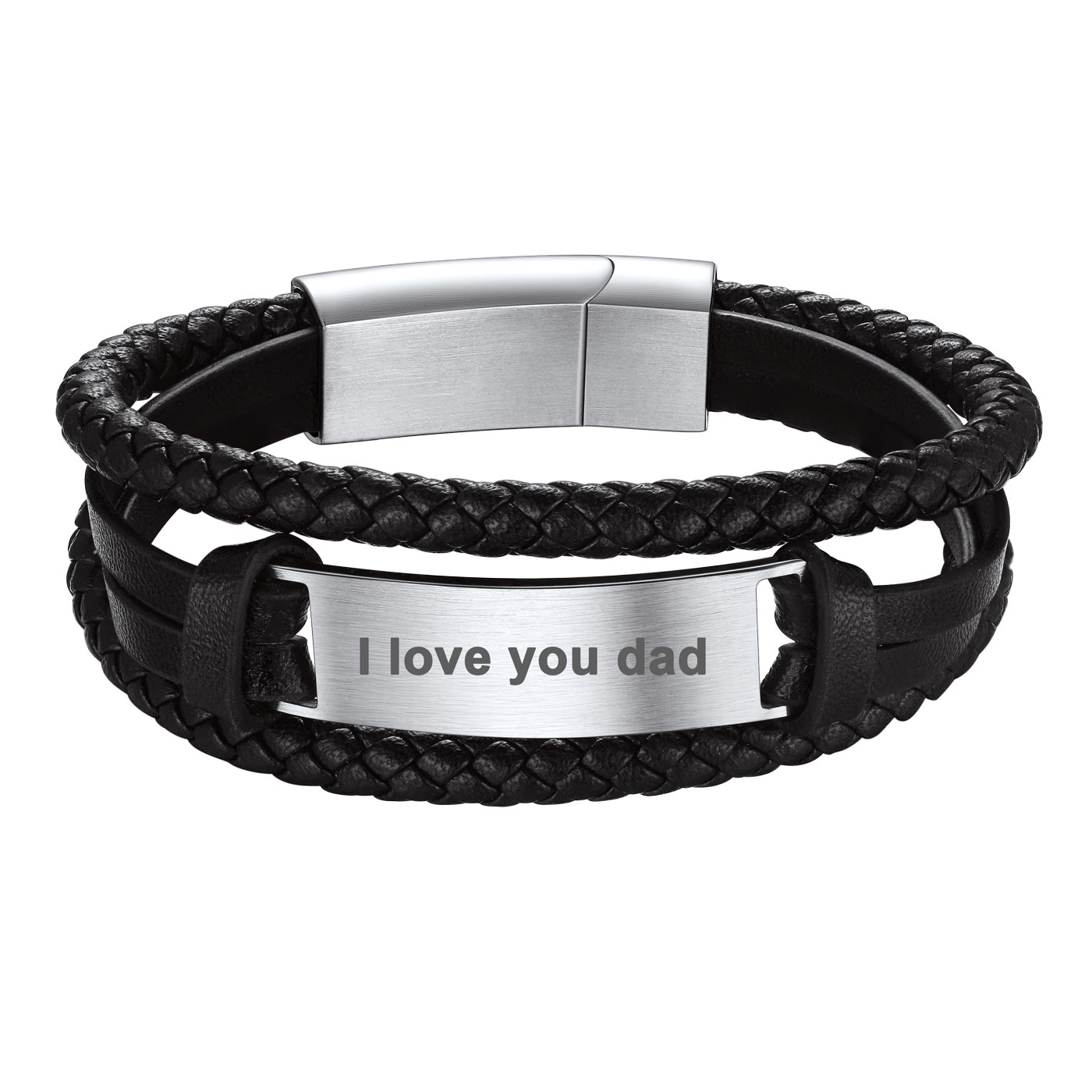 Custom Engraved Black Braided Leather Cord Bracelet for Men