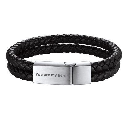 Custom Engraved Double Braided Leather Bracelet for Men