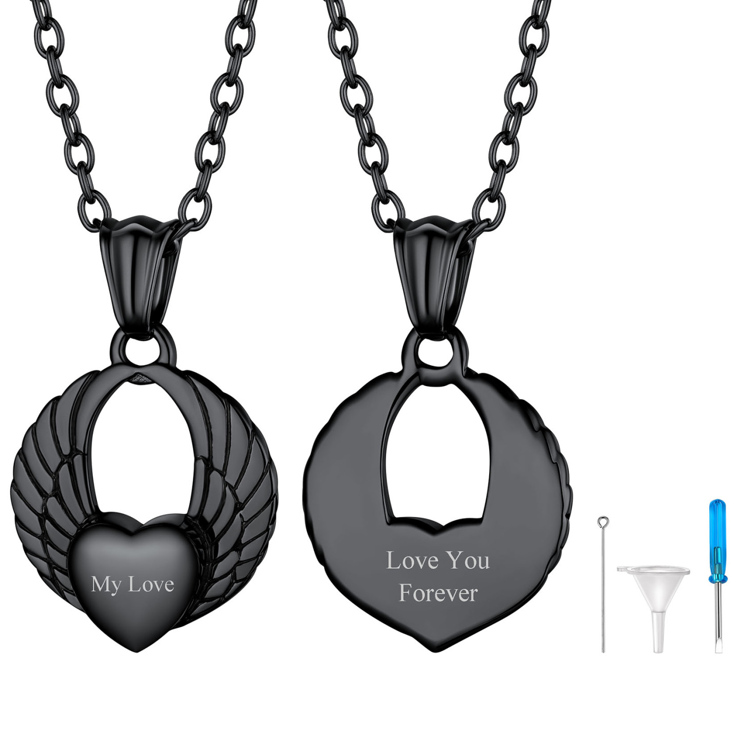 Custom Engraved Heart Cremation Urn Necklace for Ashes black
