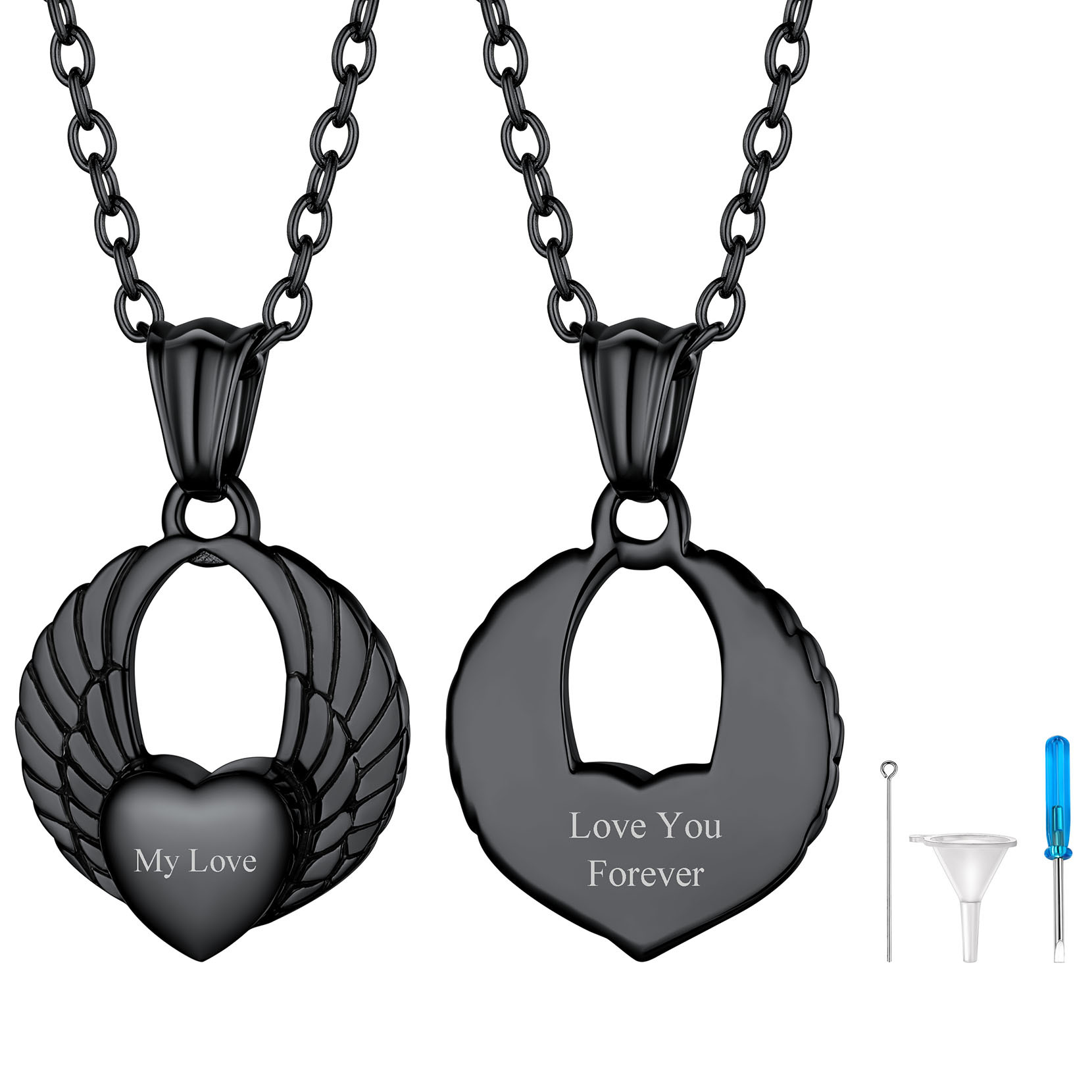 Custom Engraved Heart Cremation Urn Necklace for Ashes black
