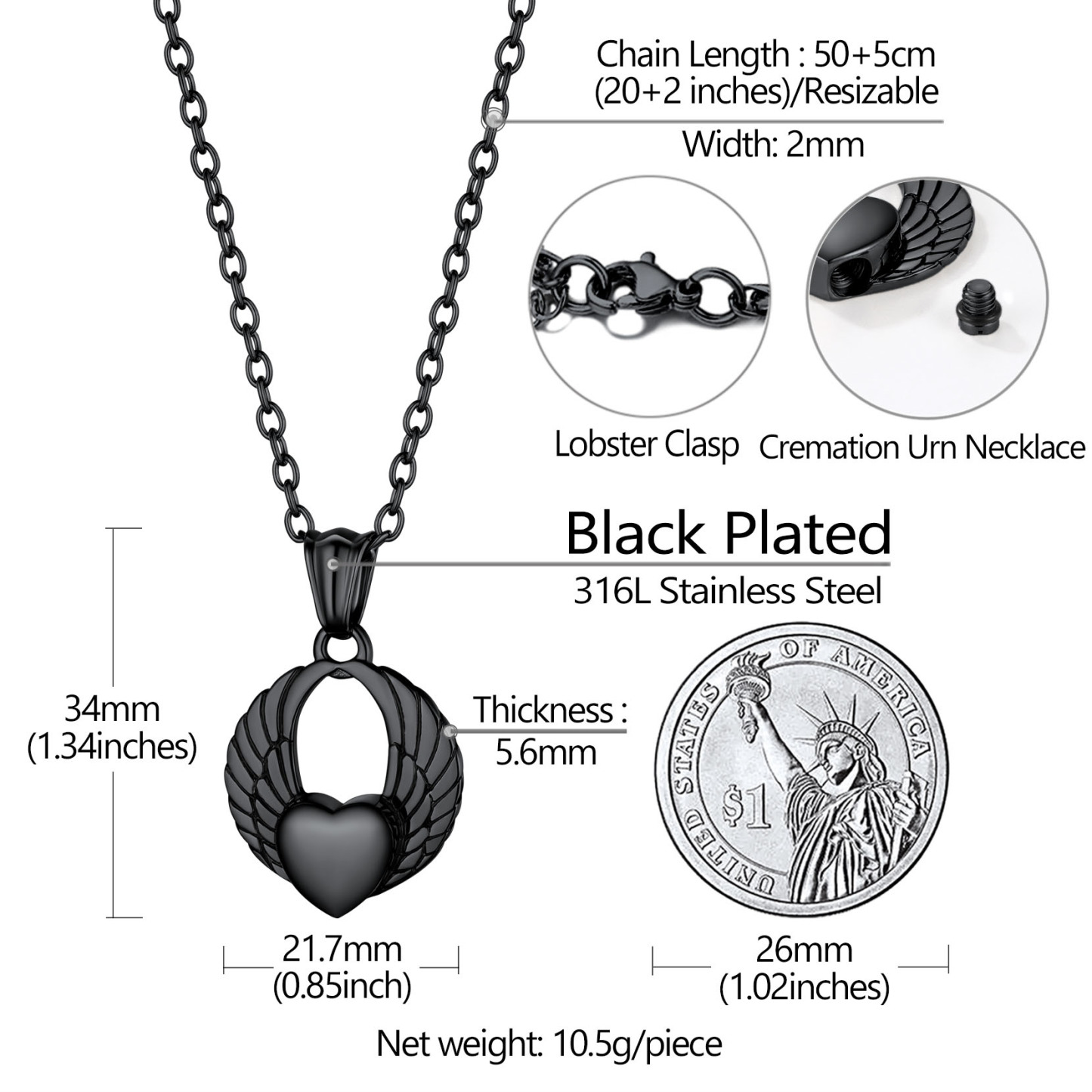 Custom Engraved Heart Cremation Urn Necklace for Ashes size