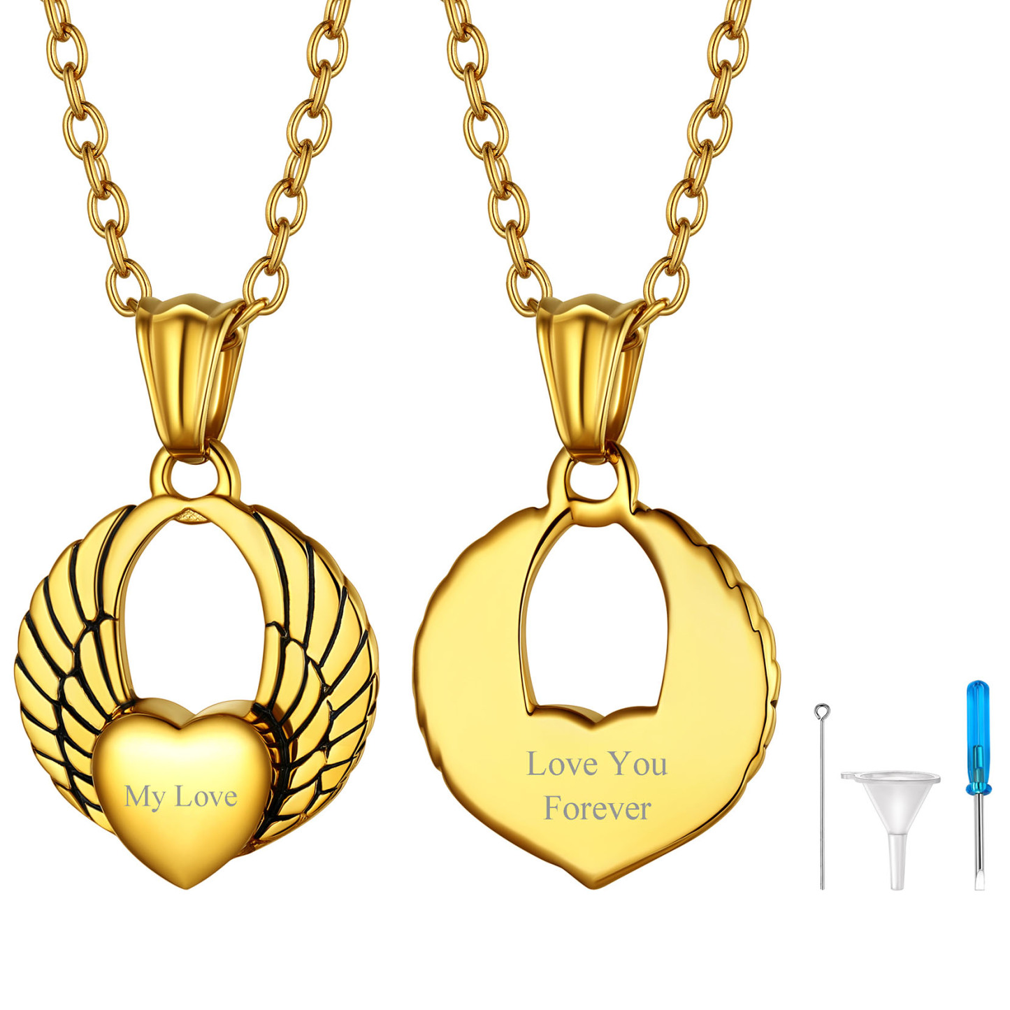 Custom Engraved Heart Cremation Urn Necklace for Ashes gold