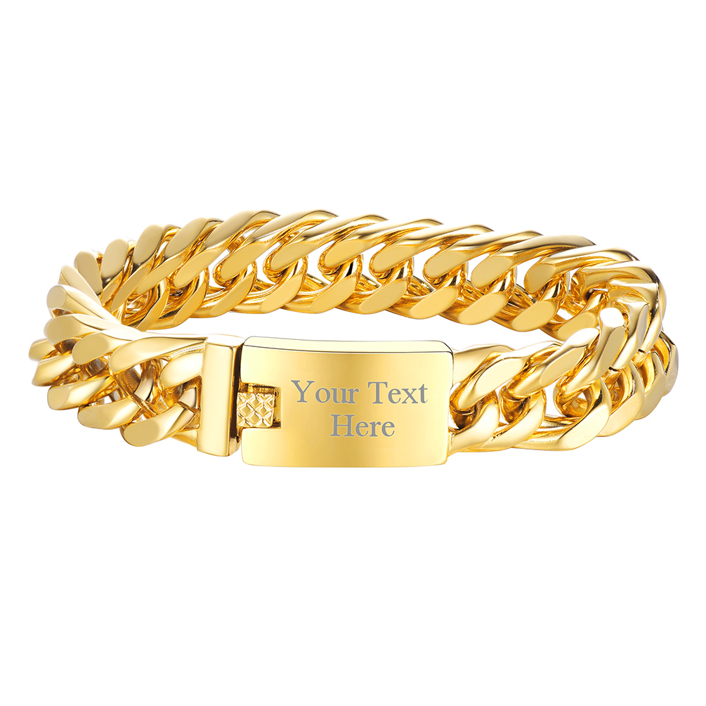 Custom Engraved ID Bar Miami Cuban Link Bracelet For Men Gold