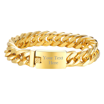 Custom Engraved ID Bar Miami Cuban Link Bracelet For Men Gold