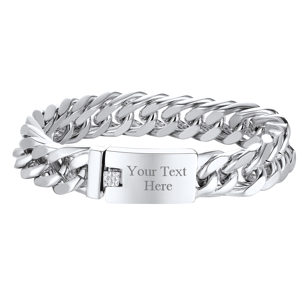 Custom Engraved ID Bar Miami Cuban Link Bracelet For Men Silver
