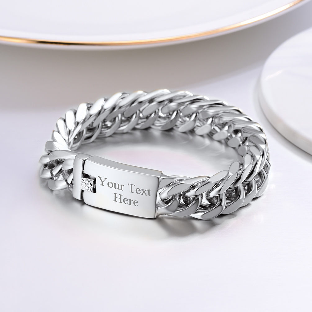 Custom Engraved ID Bar Miami Cuban Link Bracelet For Father