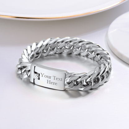 Custom Engraved ID Bar Miami Cuban Link Bracelet For Father