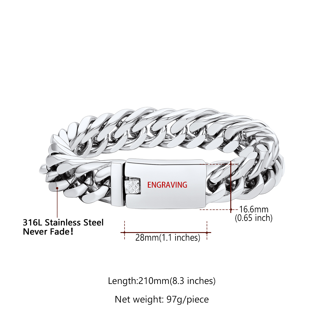 Custom Engraved ID Bar Miami Cuban Link Bracelet For Men Size