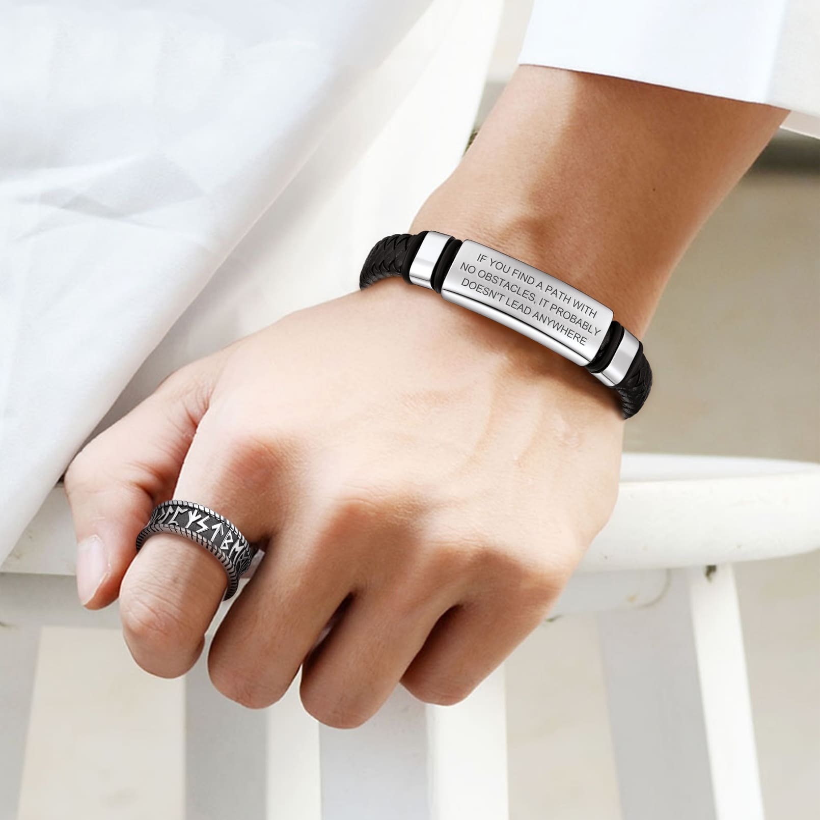 Custom Engraved ID Tags Braided Leather Bracelets For Men