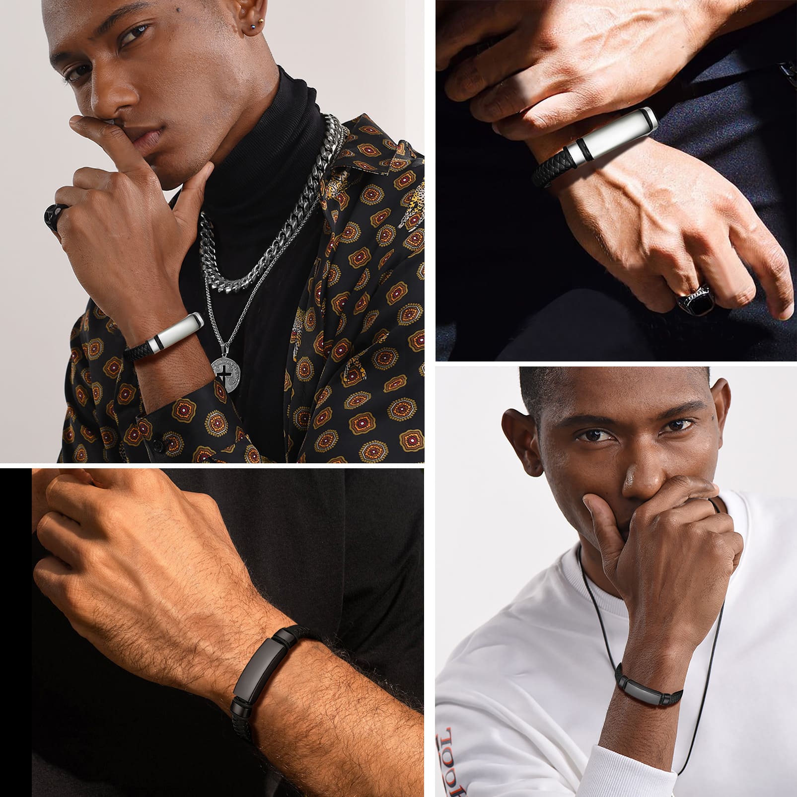 Custom Engraved ID Tags Braided Leather Bracelets For Men