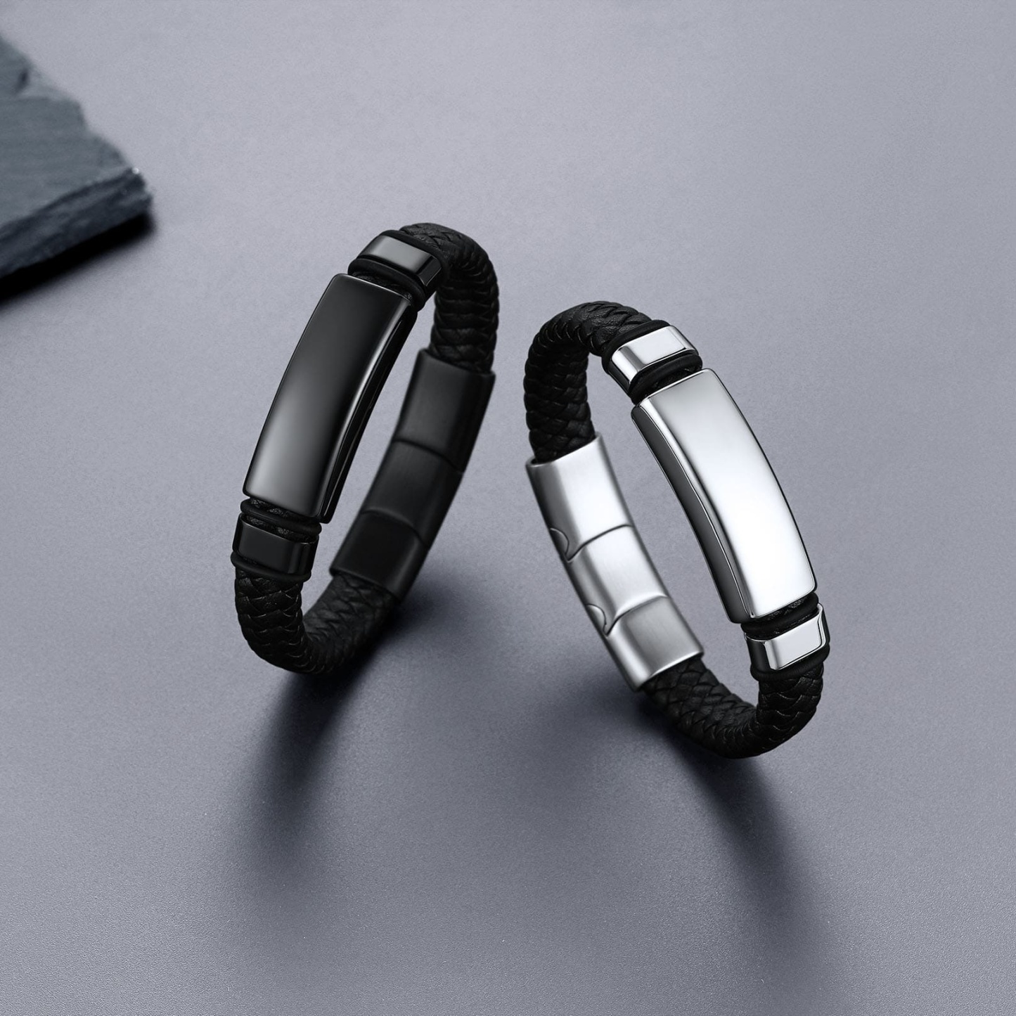 Custom Engraved ID Tags Braided Leather Bracelets different colors