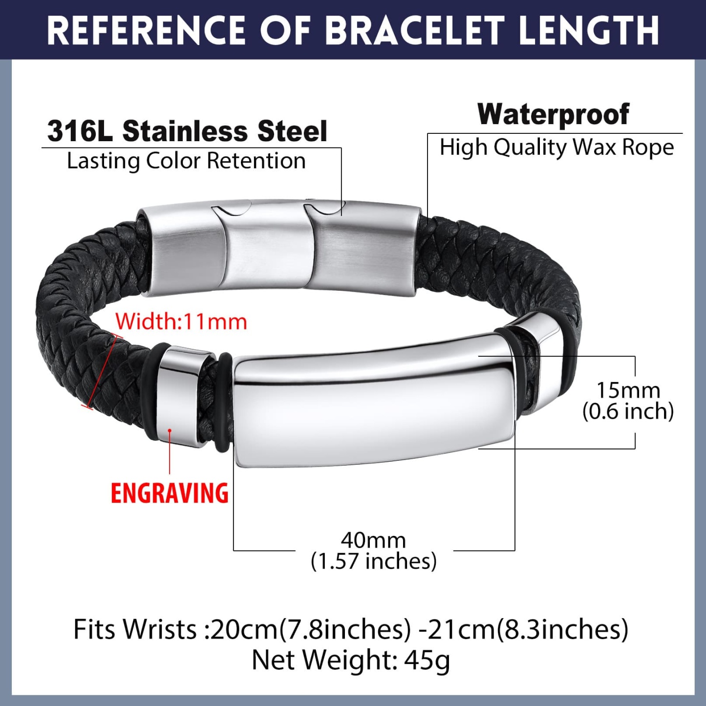 Custom Engraved ID Tags Braided Leather Bracelets For Men