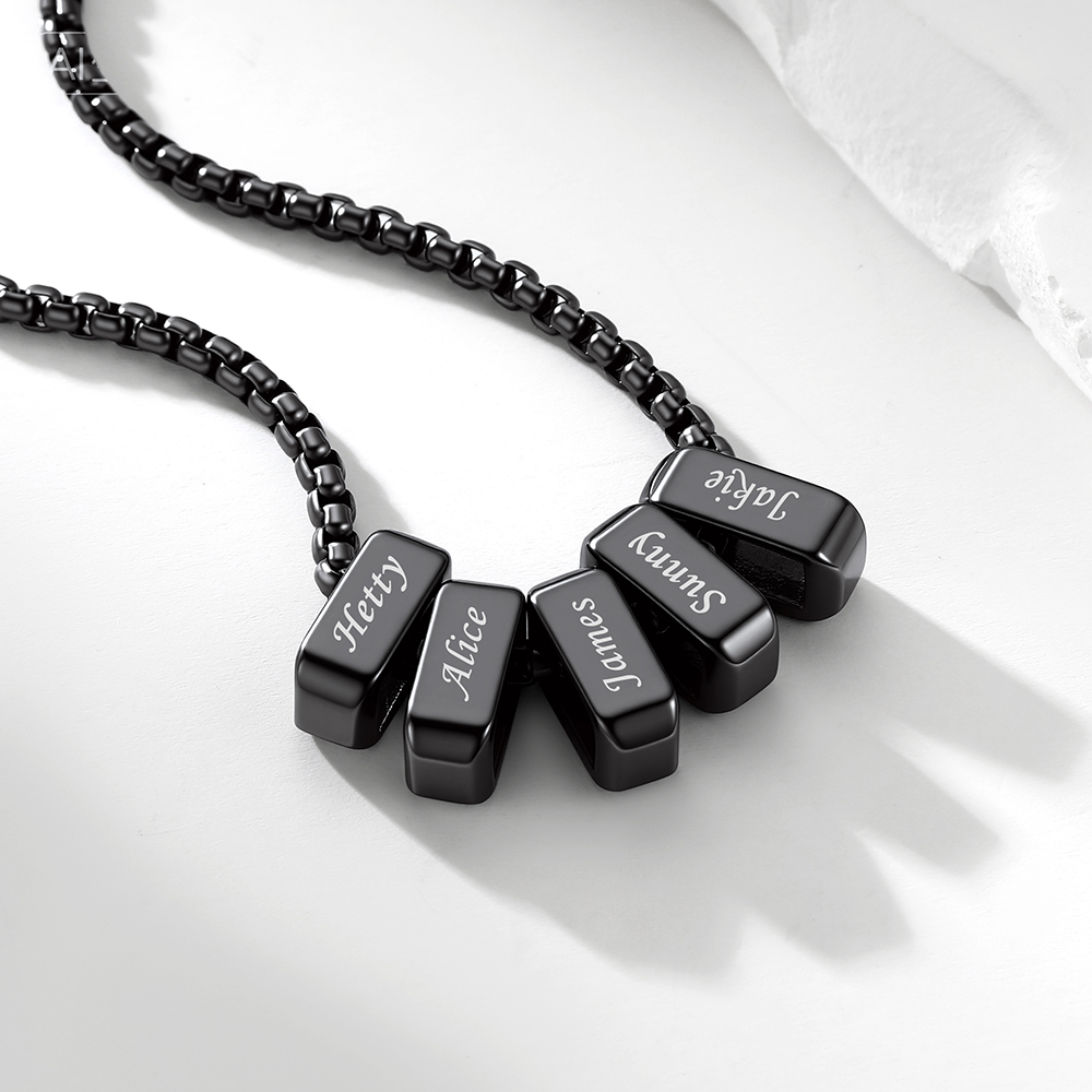 Custom Engraved Multi-Name Bead Charm Necklace Black