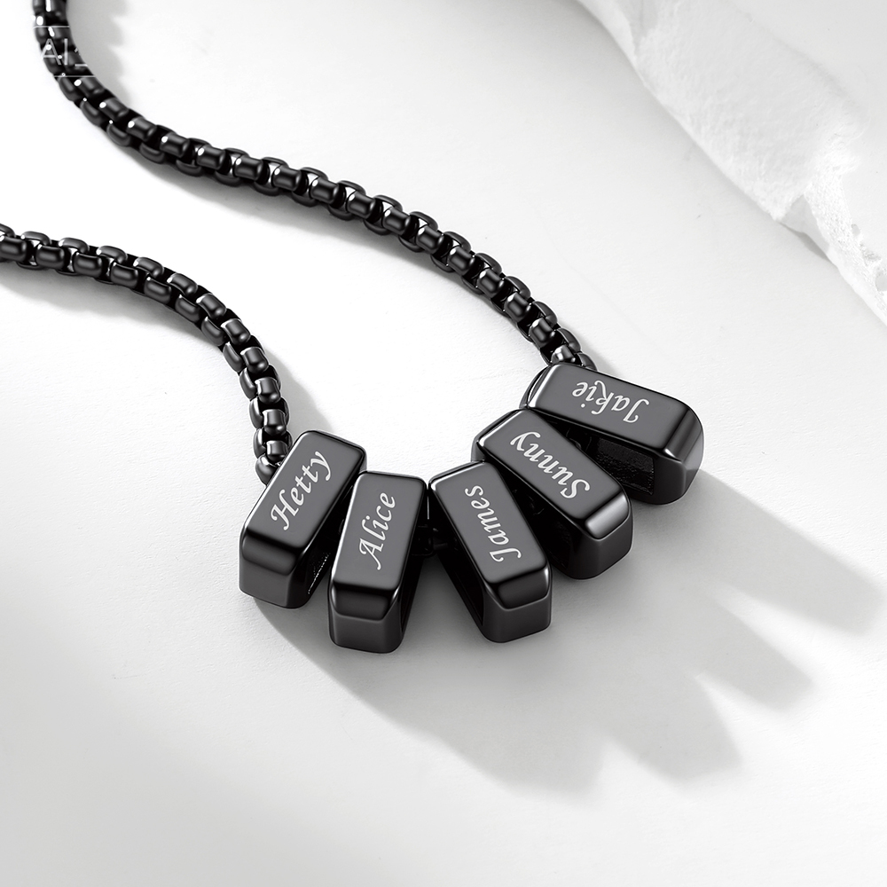 Custom Engraved Multi-Name Bead Charm Necklace Black