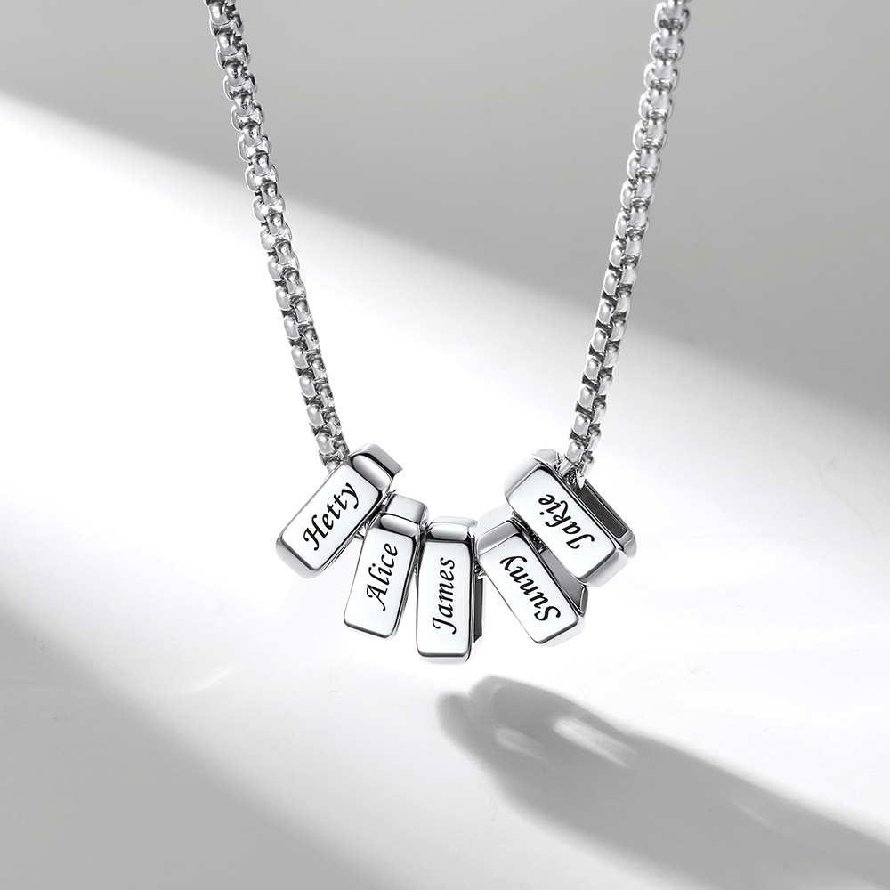 Custom Engraved Multi-Name Bead Charm Necklace Silver