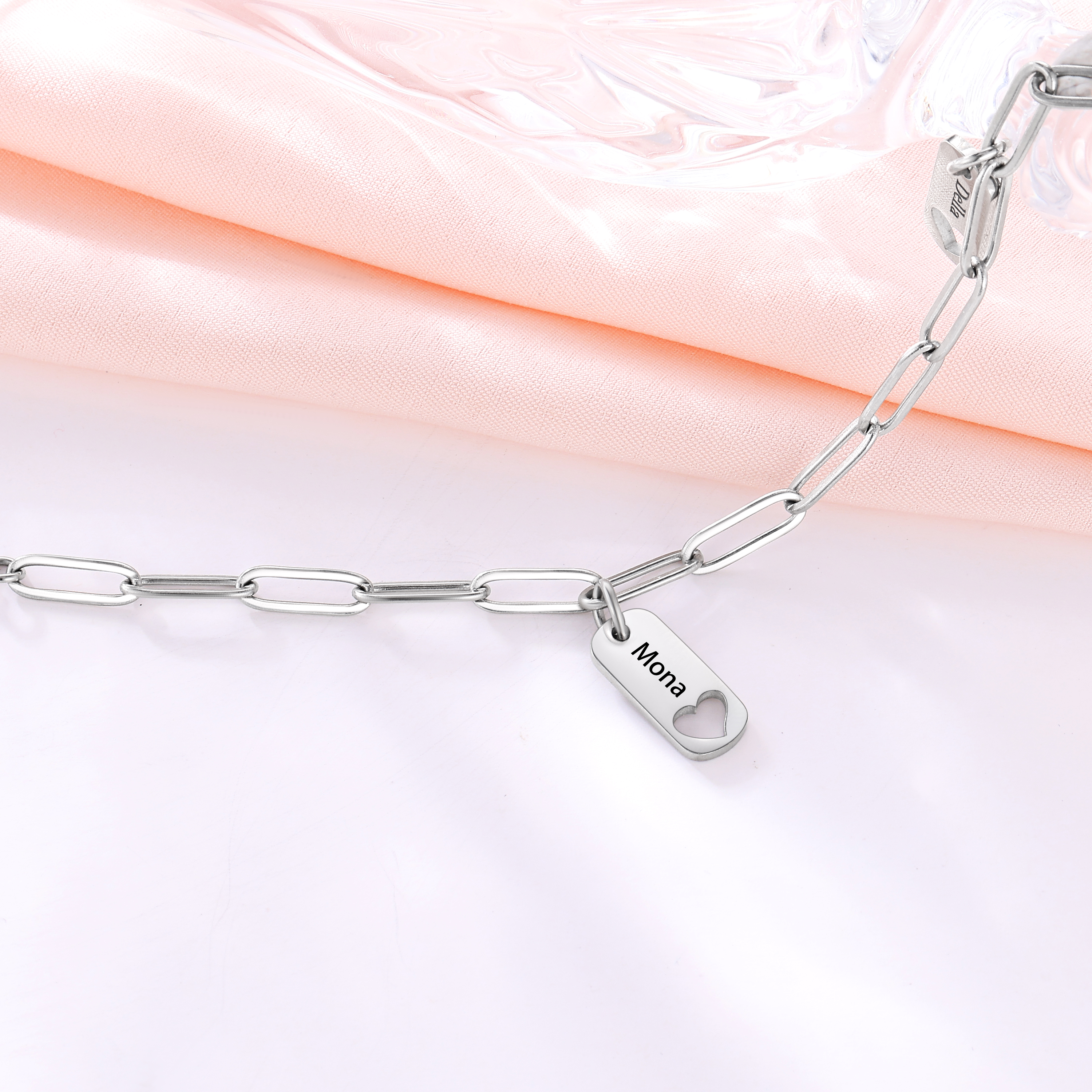 Custom Silver Engraved Name Heart Charm Bracelet