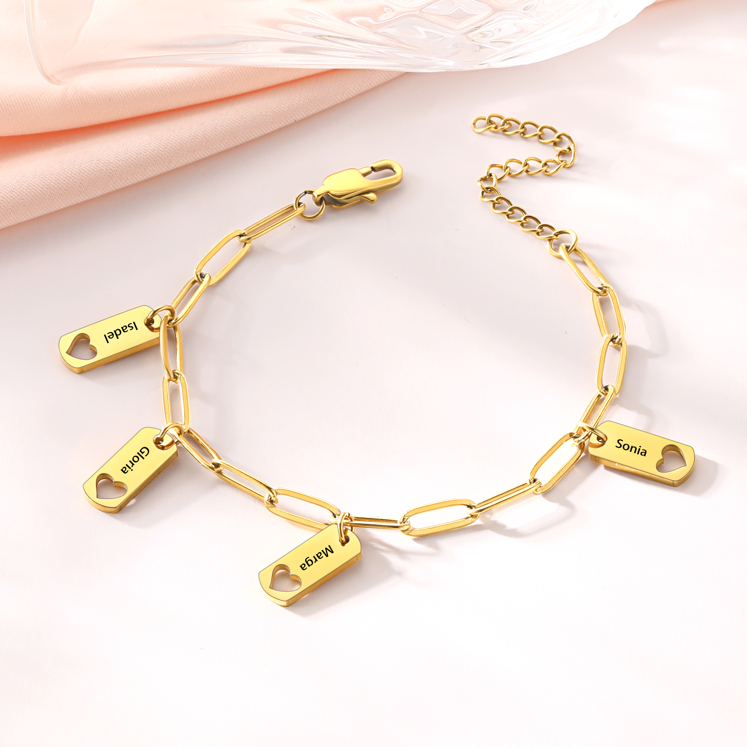 Custom Gold Engraved Name Heart Charm Bracelet