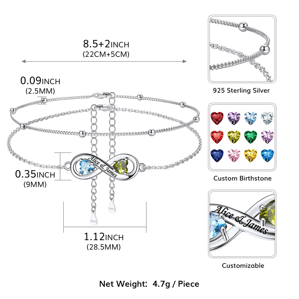 Custom Engraving Birthstone Infinity Anklet for Women size