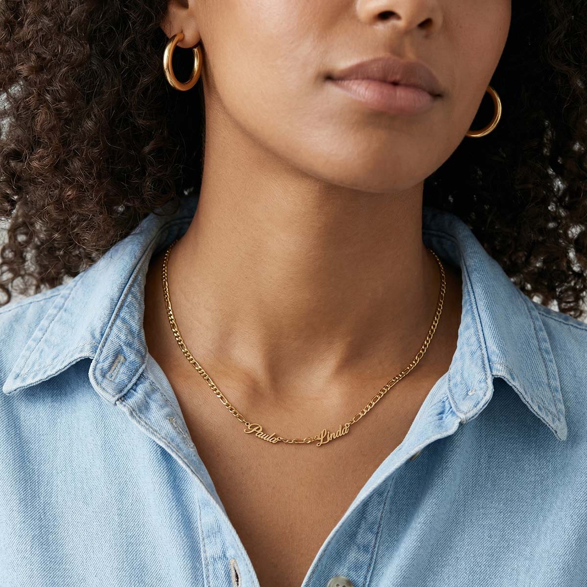 Custom Figaro Link Necklace with 2 Engraved Names for women