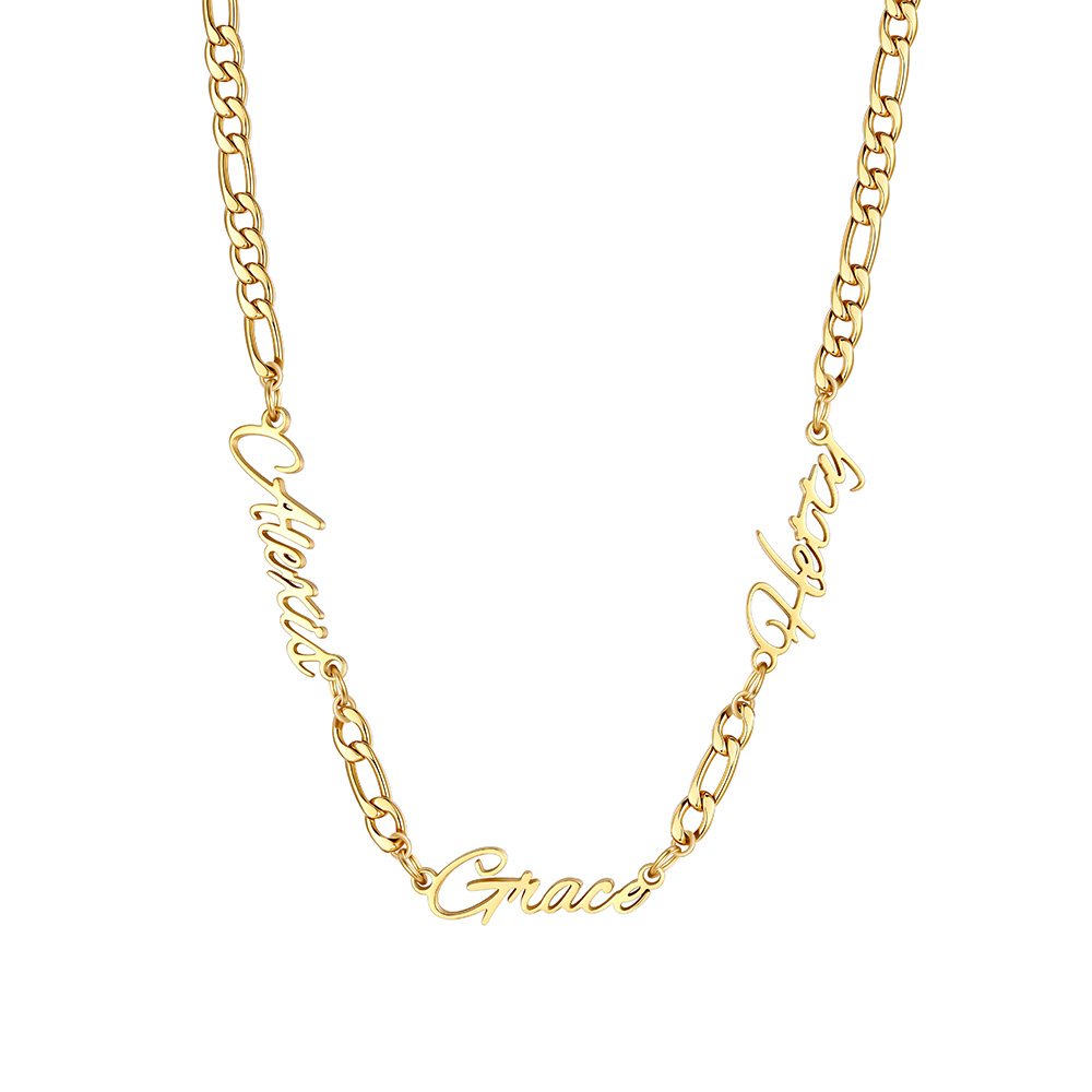 Custom Figaro Link Necklace with 3 Engraved Names Gold