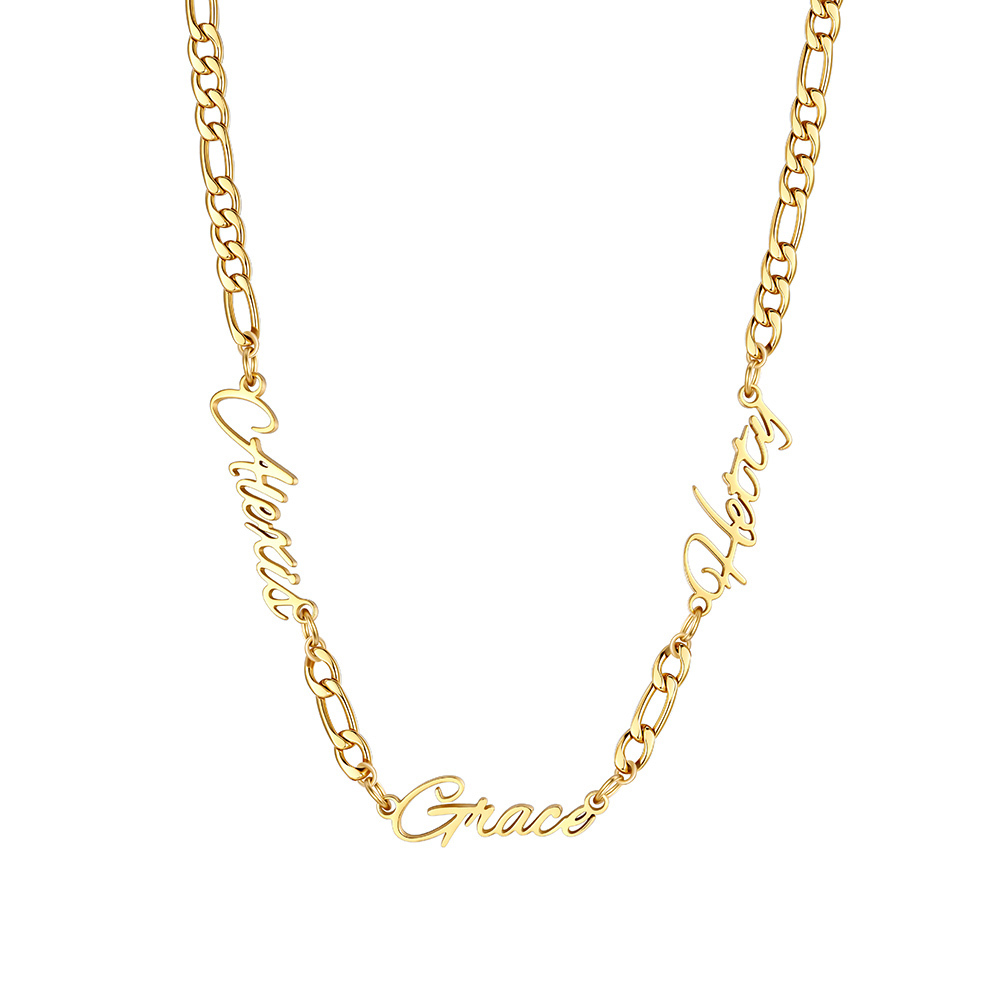 Custom Figaro Link Necklace with 3 Engraved Names Gold