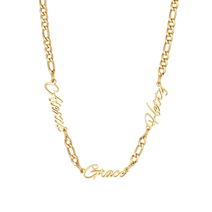 Custom Figaro Link Necklace with 3 Engraved Names Gold