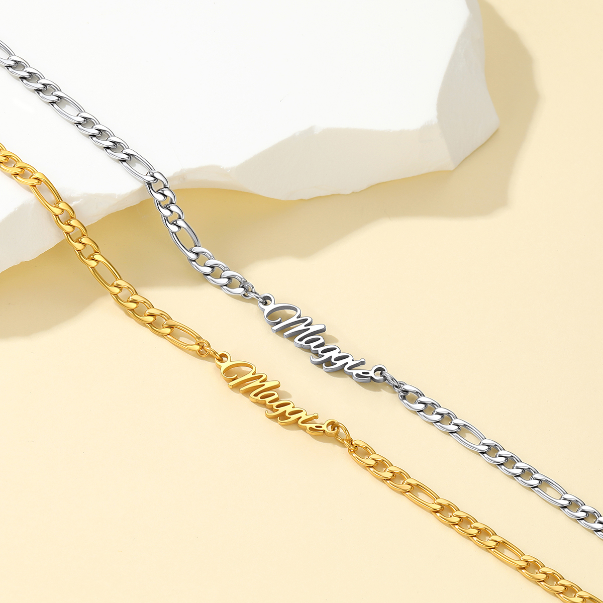 Custom Figaro Link Necklace with 1-5 Engraved Names 2 colors