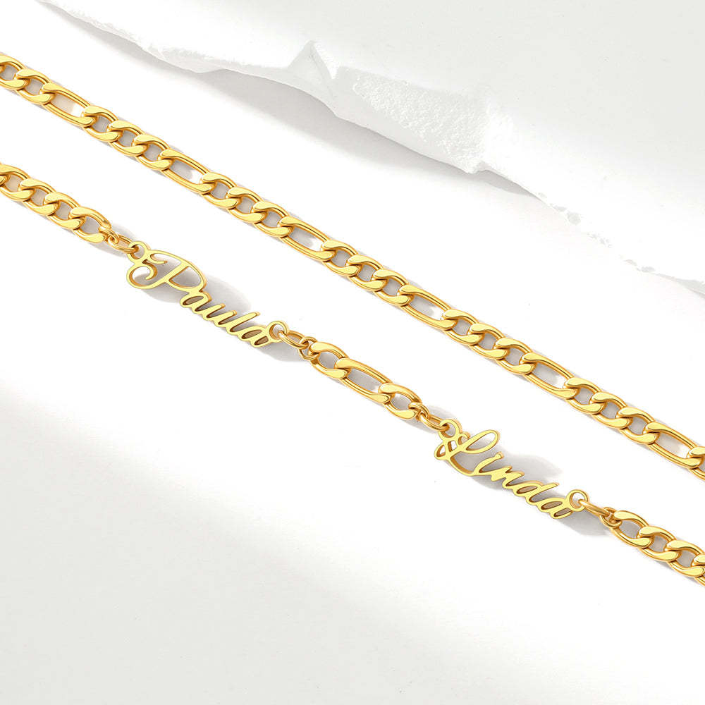 Custom Figaro Link Necklace with 1-5 Engraved Names Gold