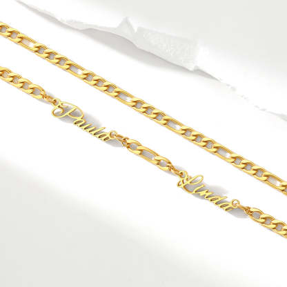 Custom Figaro Link Necklace with 1-5 Engraved Names Gold