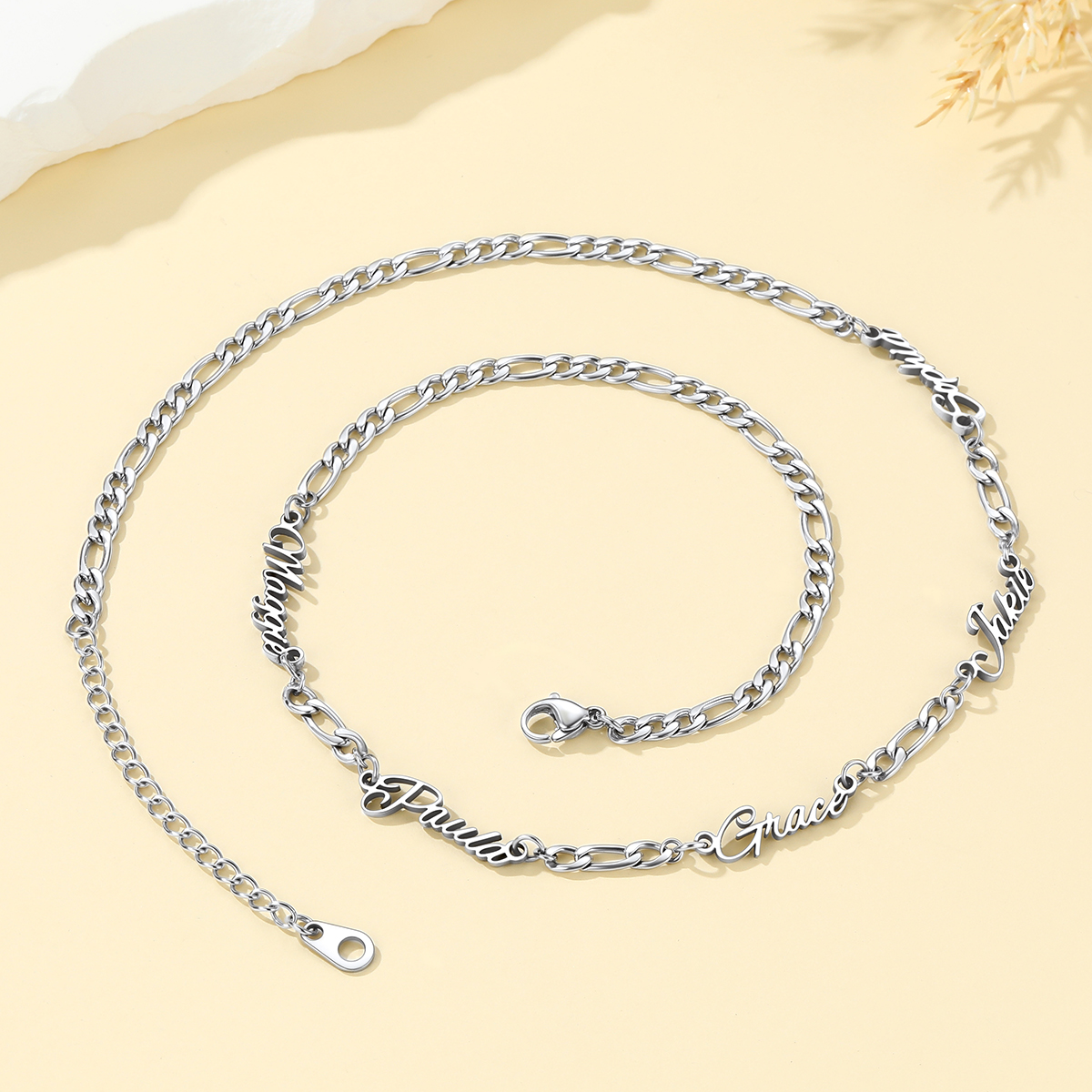 Custom Figaro Link Necklace with 1-5 Engraved Names Silver