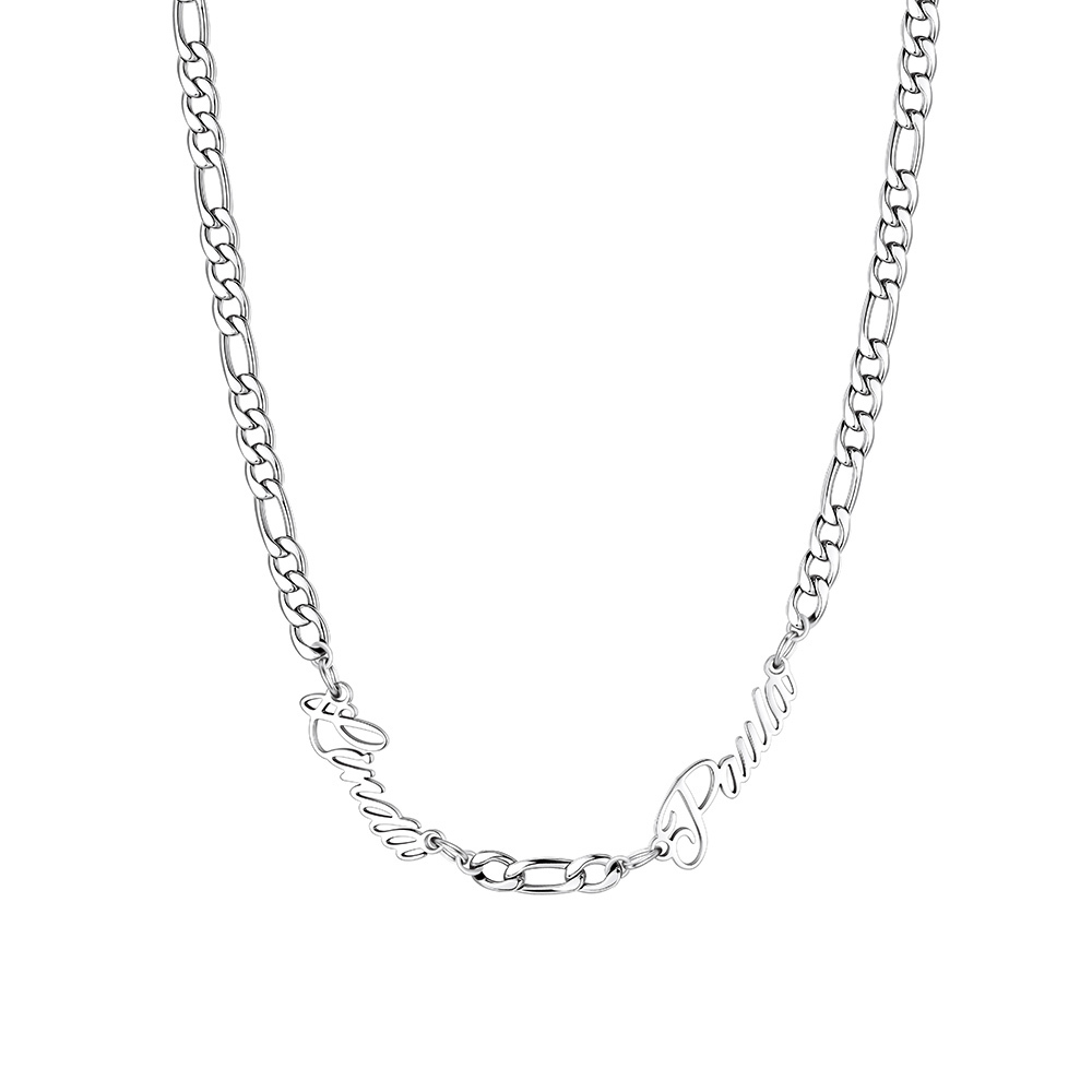 Custom Figaro Link Necklace with 2 Engraved Names Silver