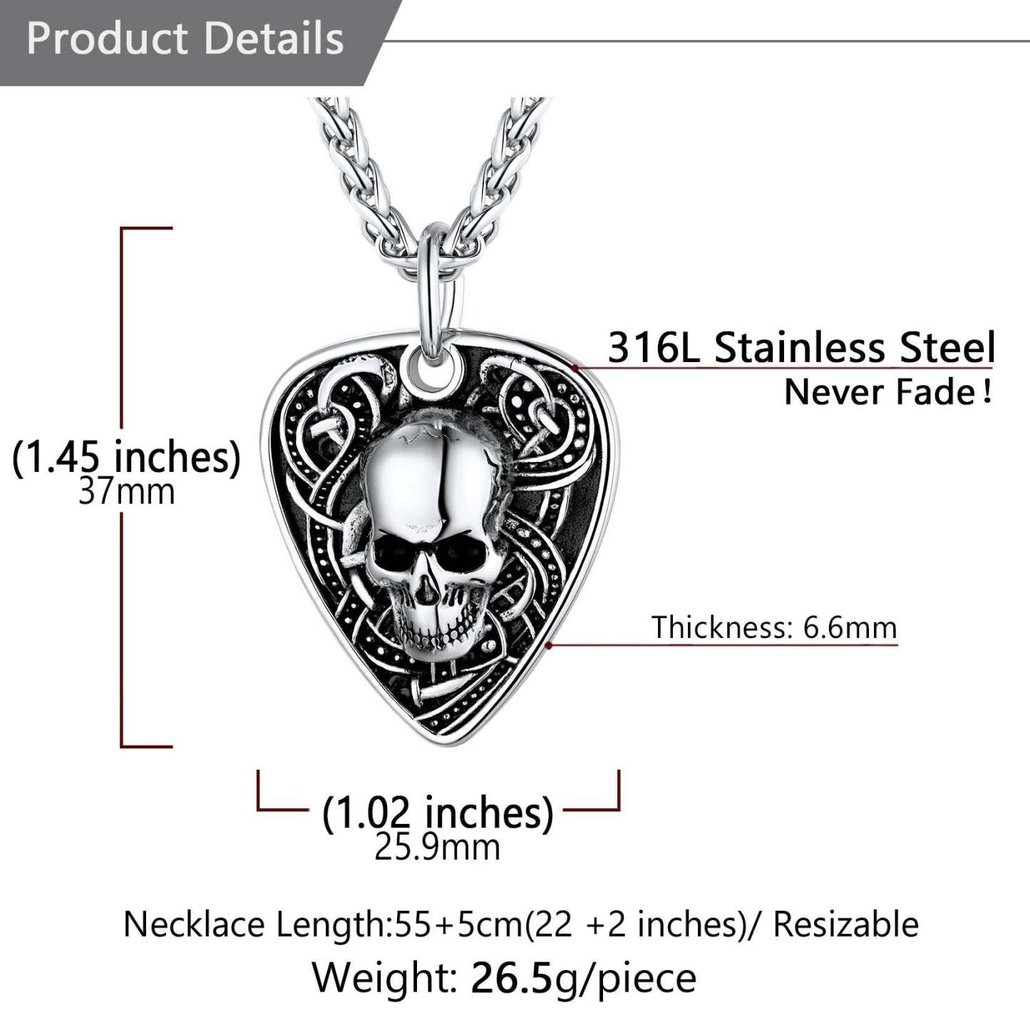 Custom Guitar Pick Skull Pendant Necklace