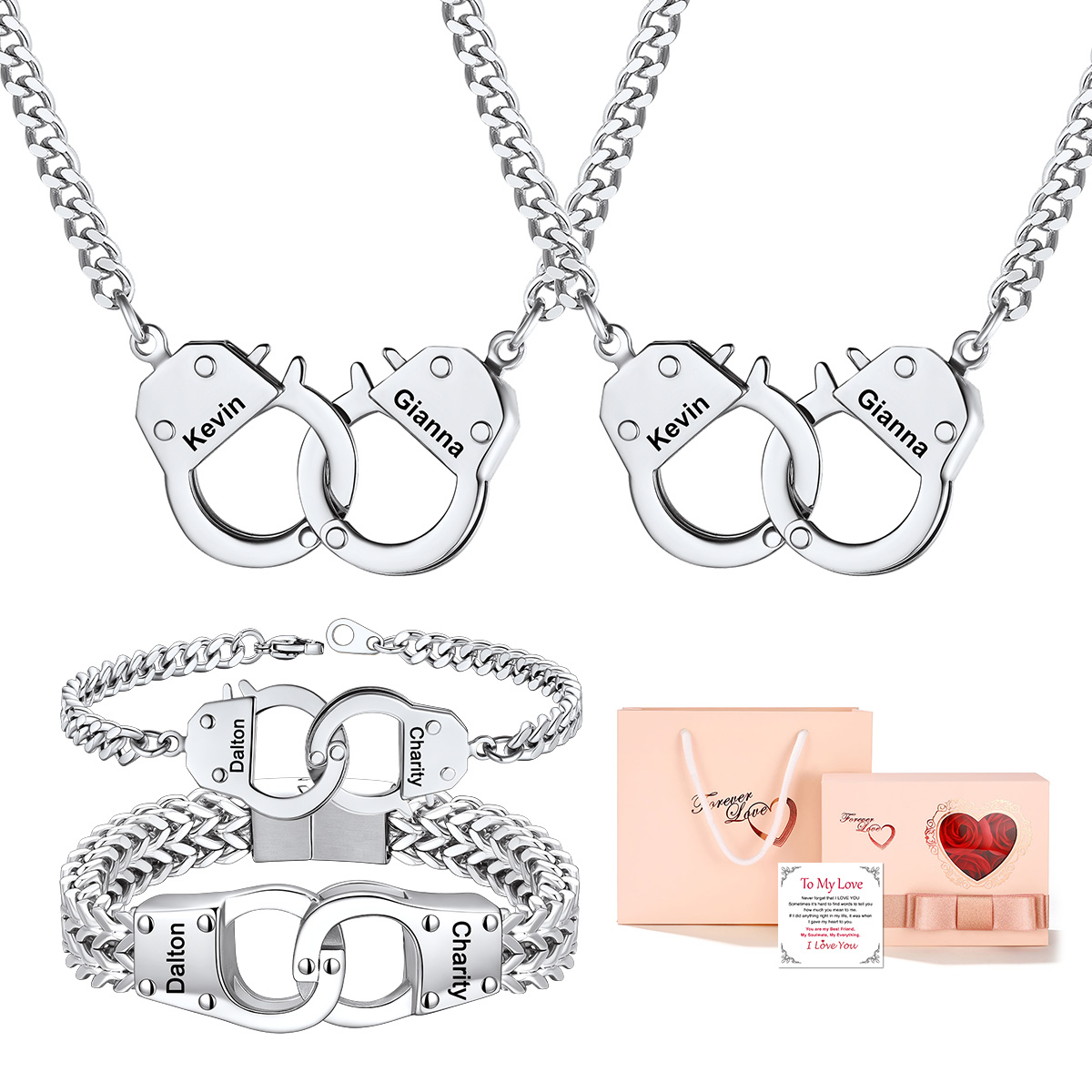 Custom Handcuff Couple Necklace & Bracelet Set