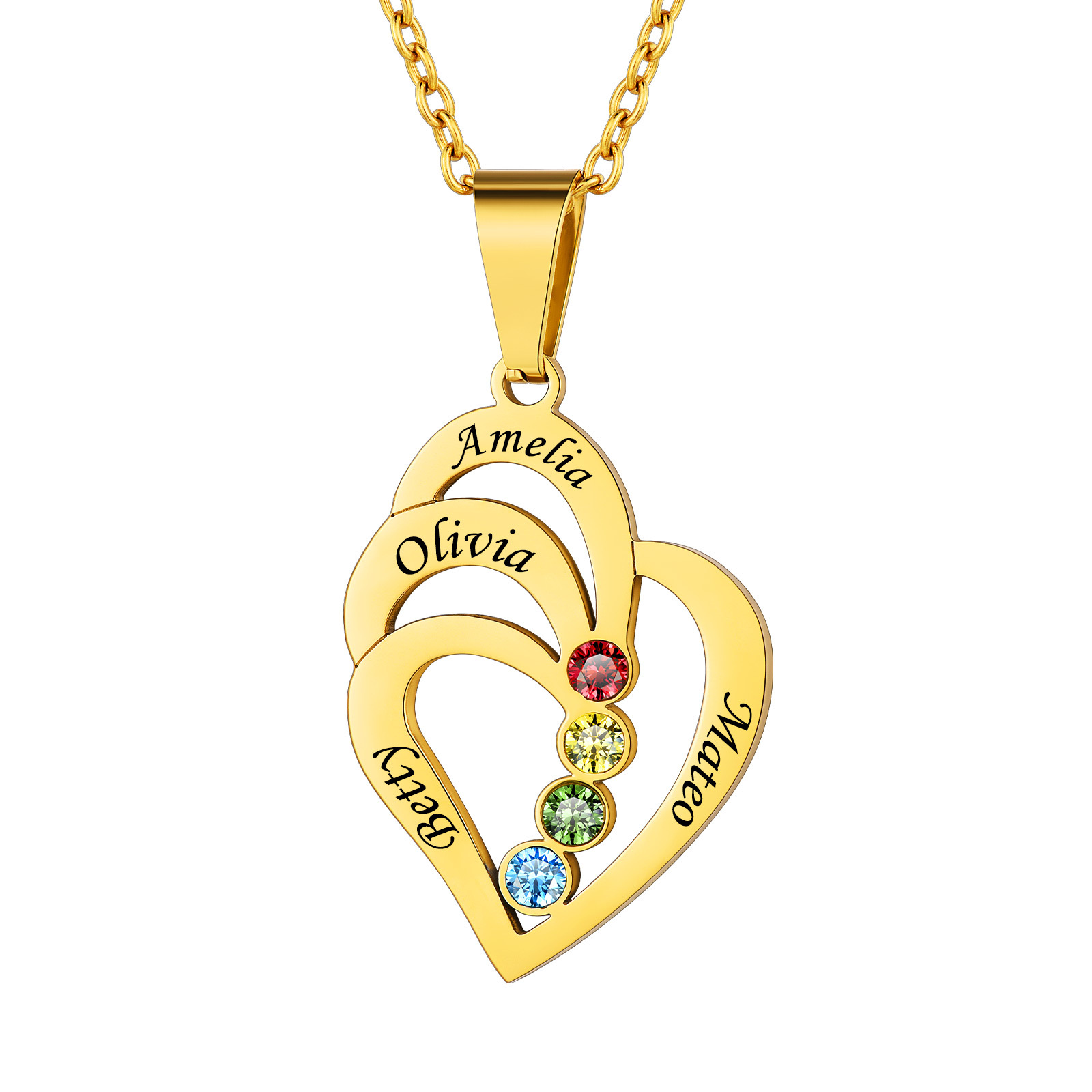 Custom Heart Birthstone Necklace with Names for Mom