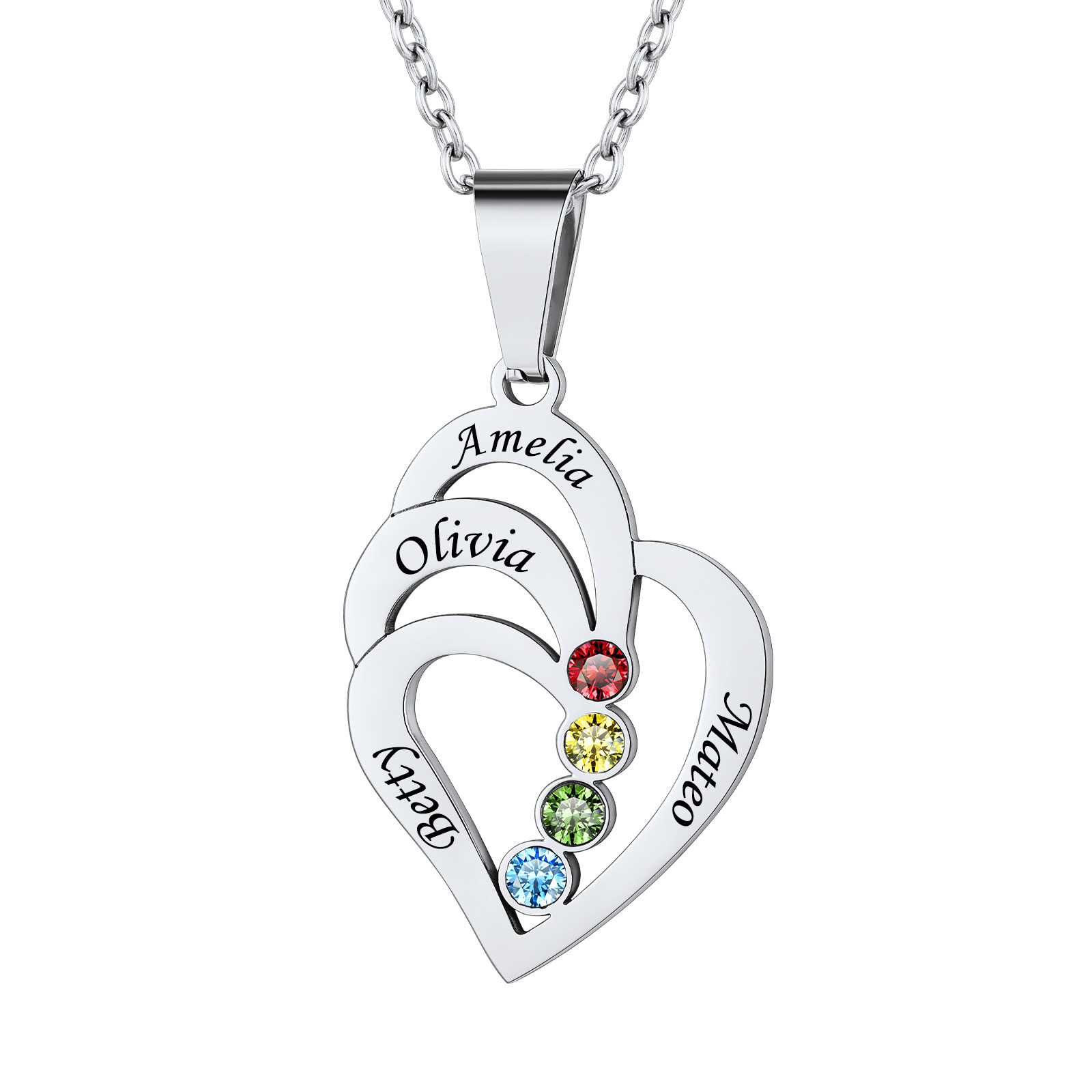 Custom Heart Birthstone Necklace with Names for Mom