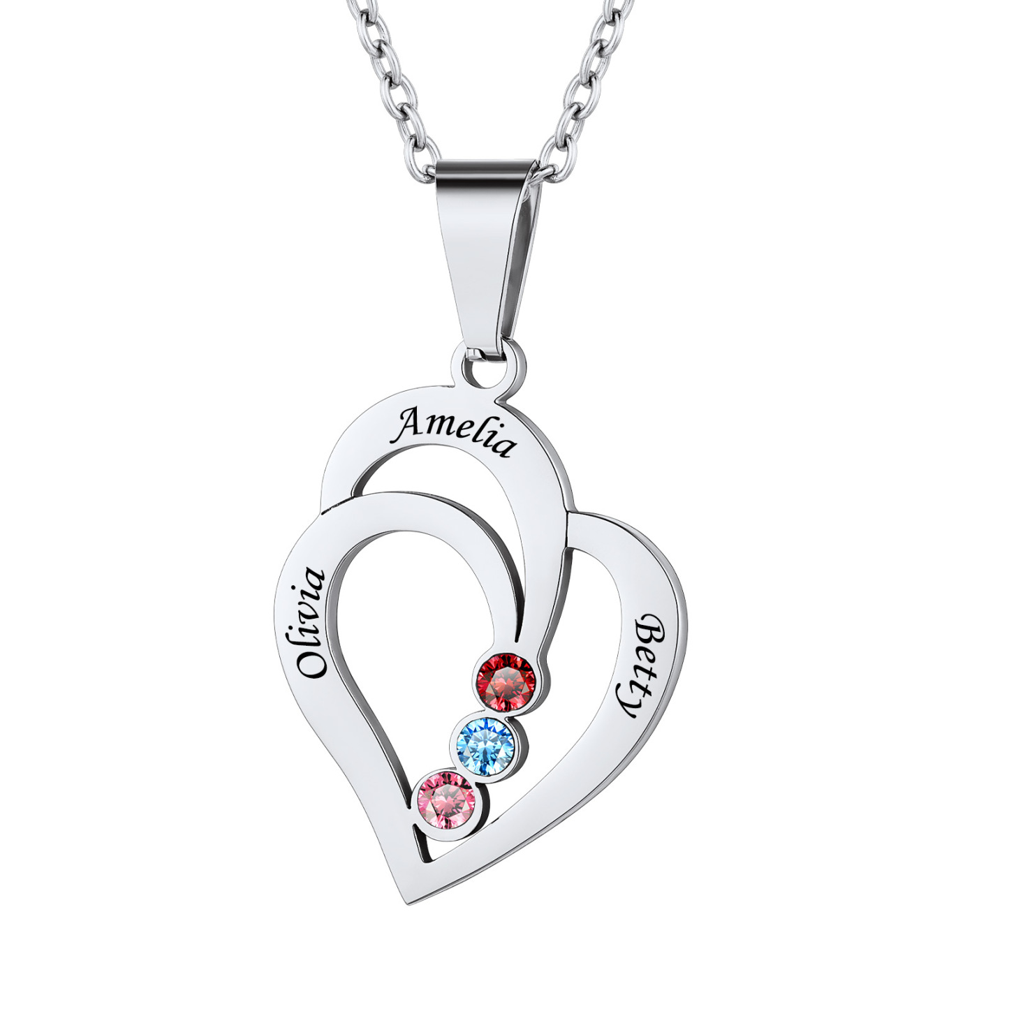 Custom Heart Birthstone Necklace with Names for Mom