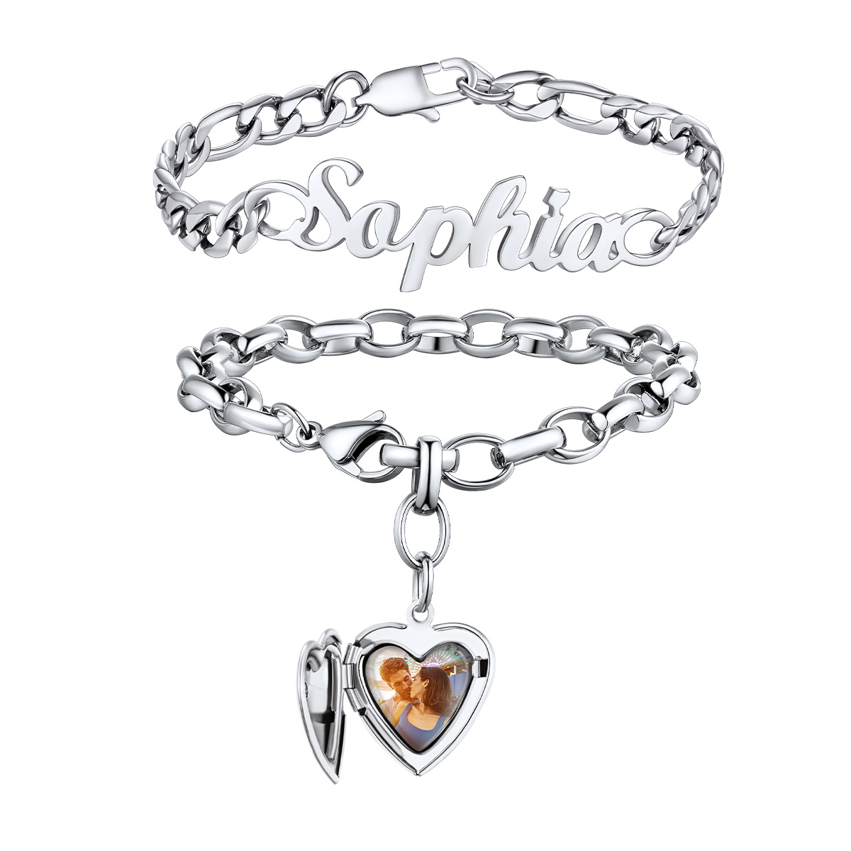Custom Heart Photo Bracelet & Engraved Name Necklace Set