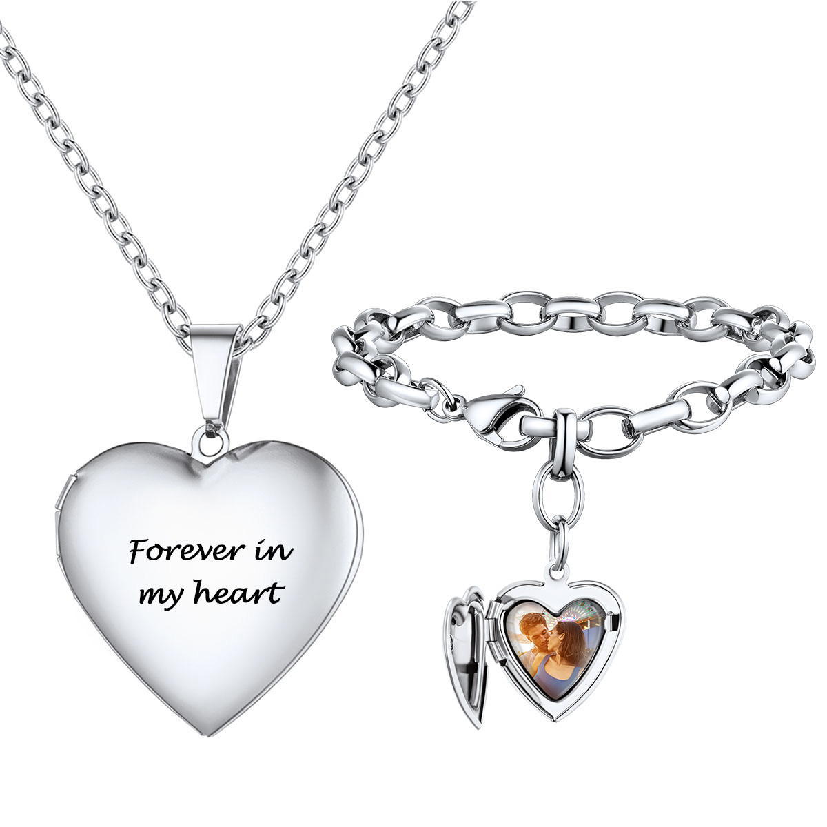 Custom Heart Photo Engraved Charm Bracelet & Necklace Set