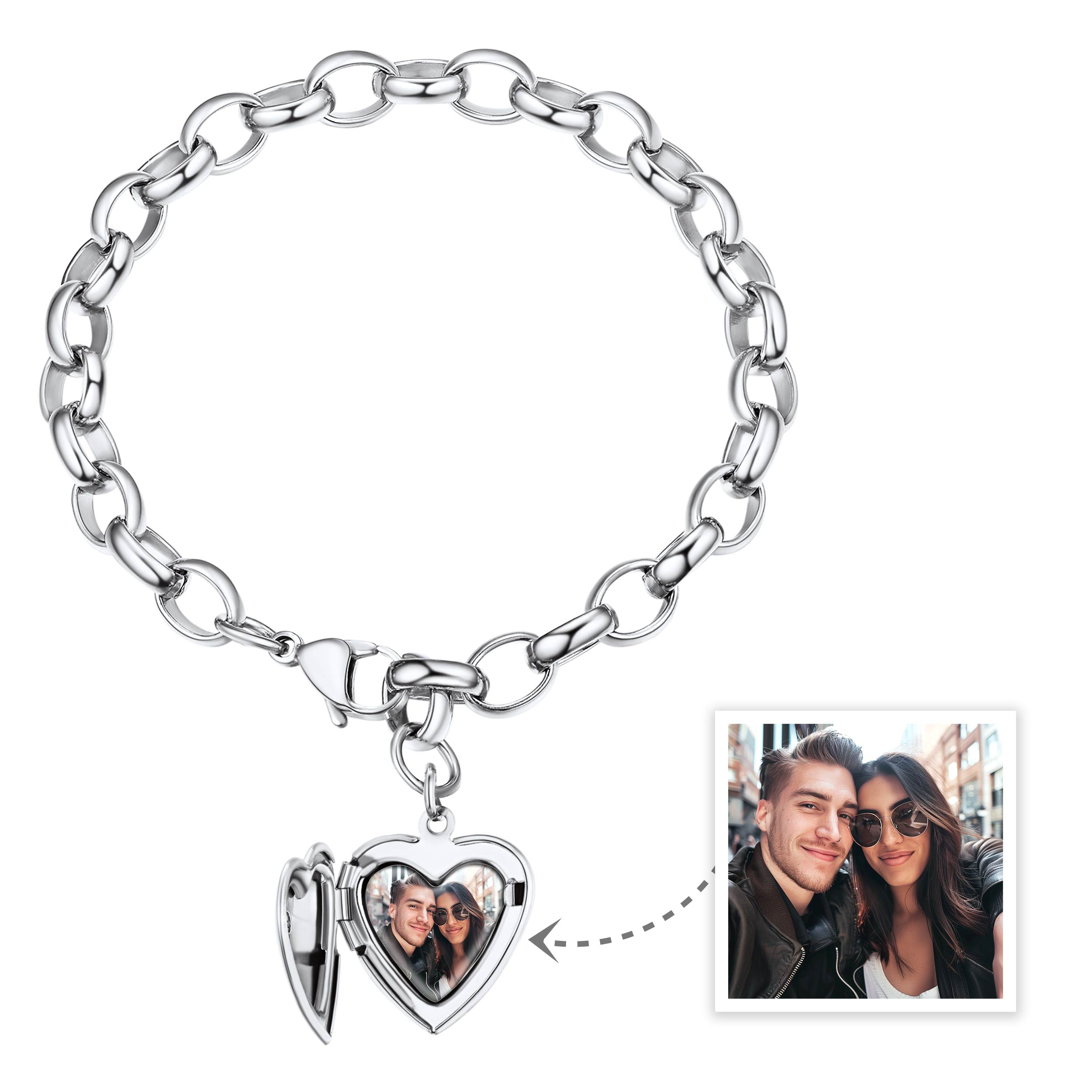 Custom Heart Picture Engraved Charm Bracelet with Photo