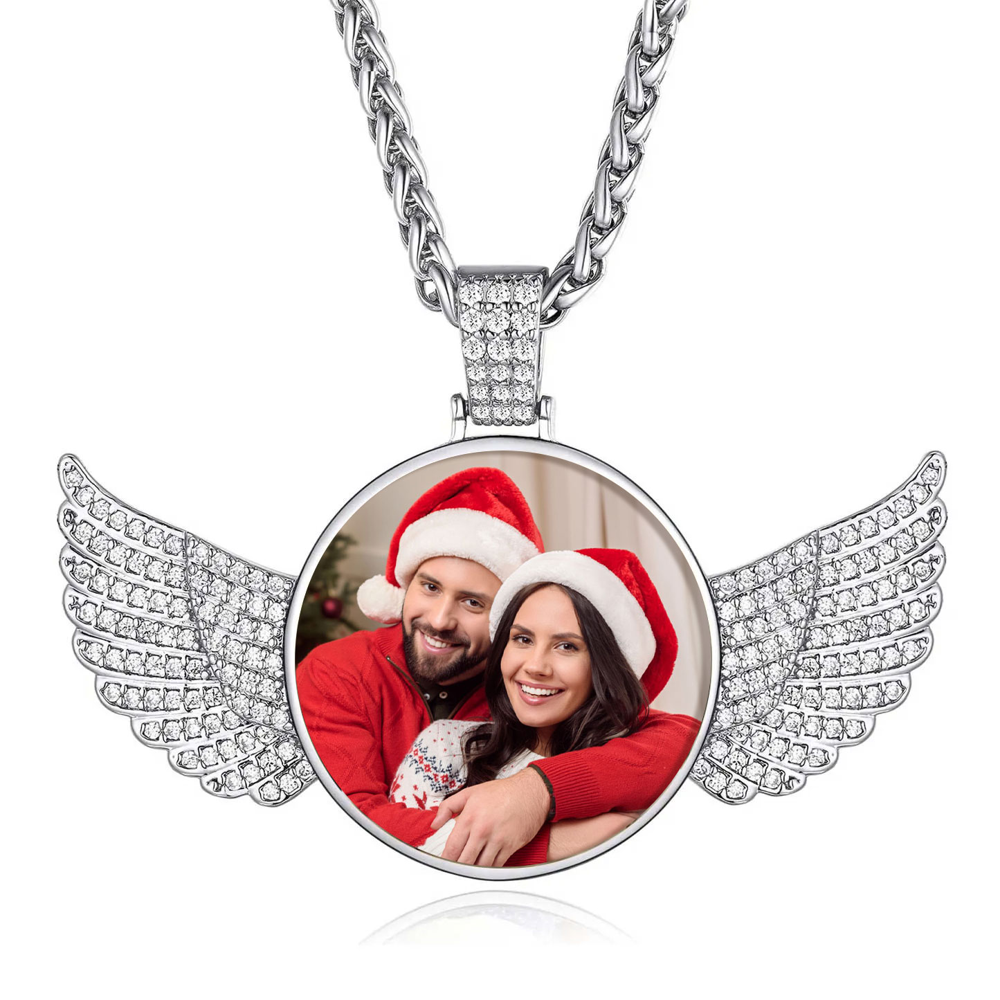 Custom Iced Out Angel Wing Photo Circle Chain Necklace with Picture