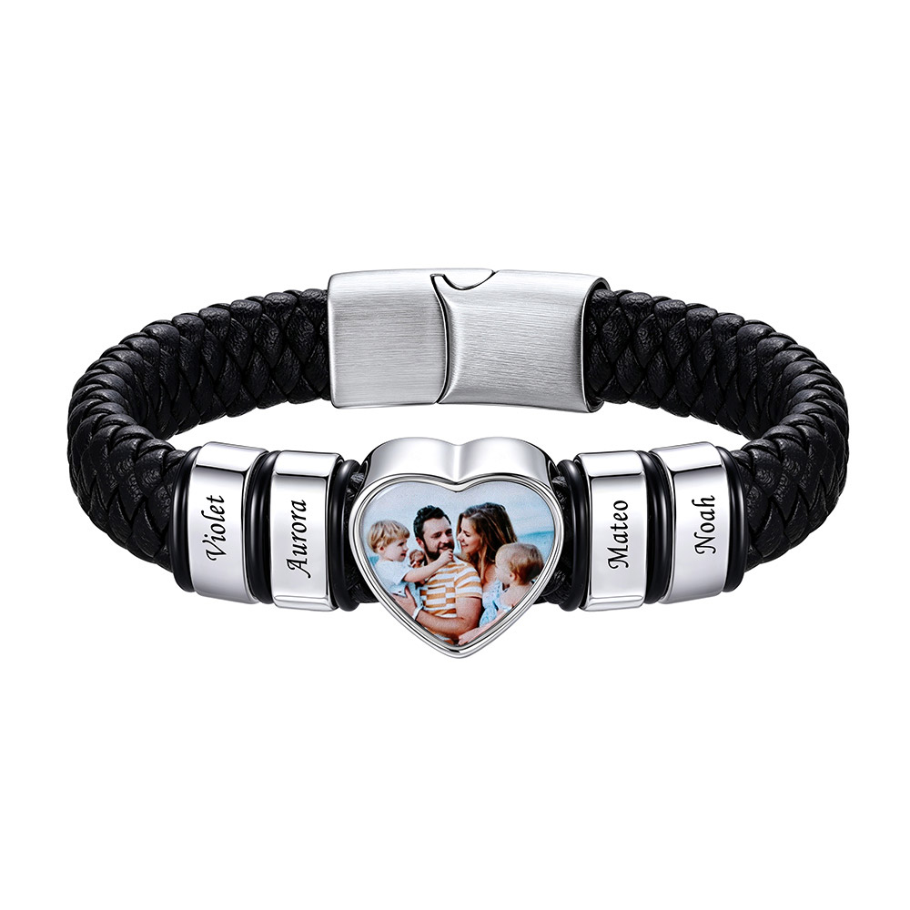 Custom Multi-Name Heart Photo Leather Bracelet for Men Women silver