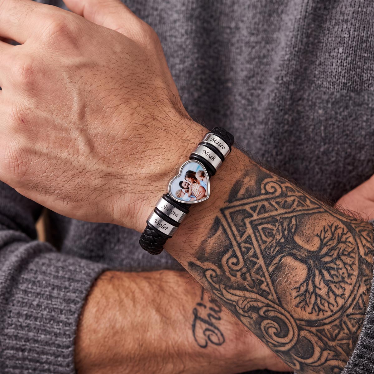 Custom Multi-Name Heart Photo Leather Bracelet for Men 