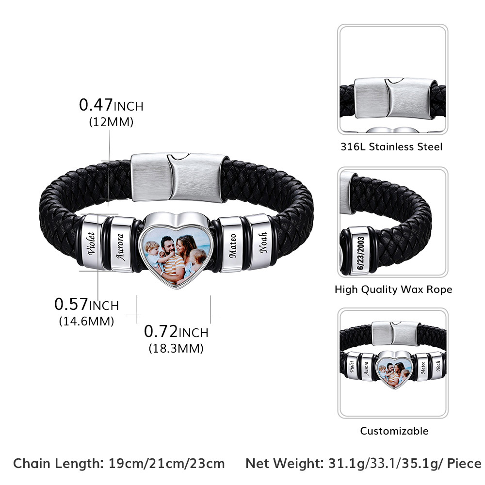 Custom Multi-Name Heart Photo Leather Bracelet for Men Women Size