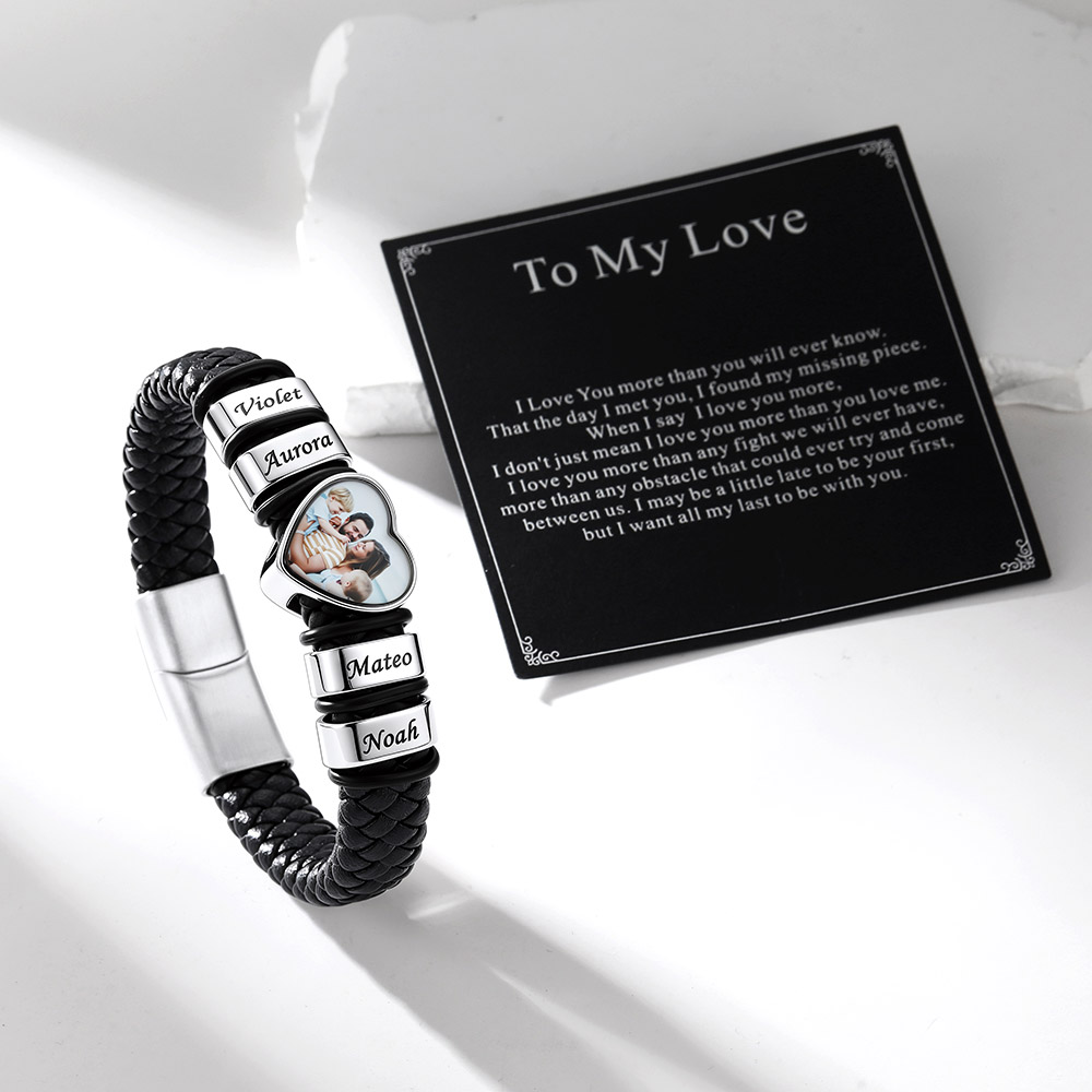 Custom Multi-Name Heart Photo Leather Bracelet for Men Women Gift