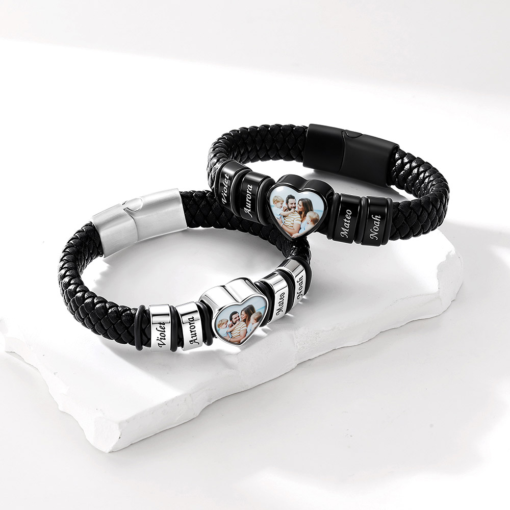 Custom Multi-Name Heart Photo Leather Bracelet For Boyfriend