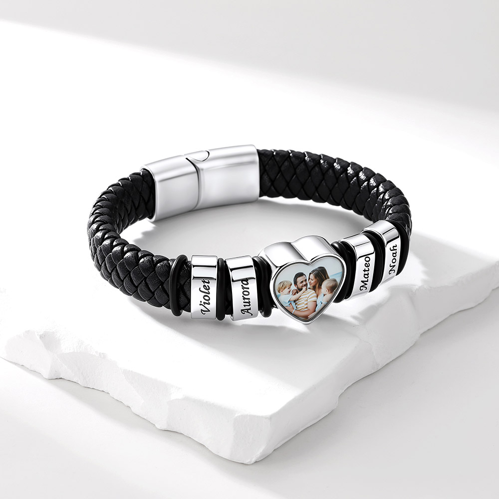 Custom Multi-Name Heart Photo Leather Bracelet for Men Women Birthday Gift