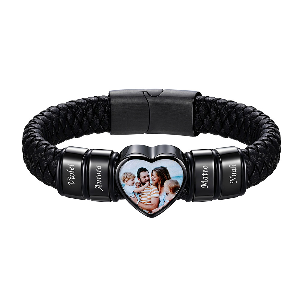 Custom Multi-Name Heart Photo Leather Bracelet for Men Women